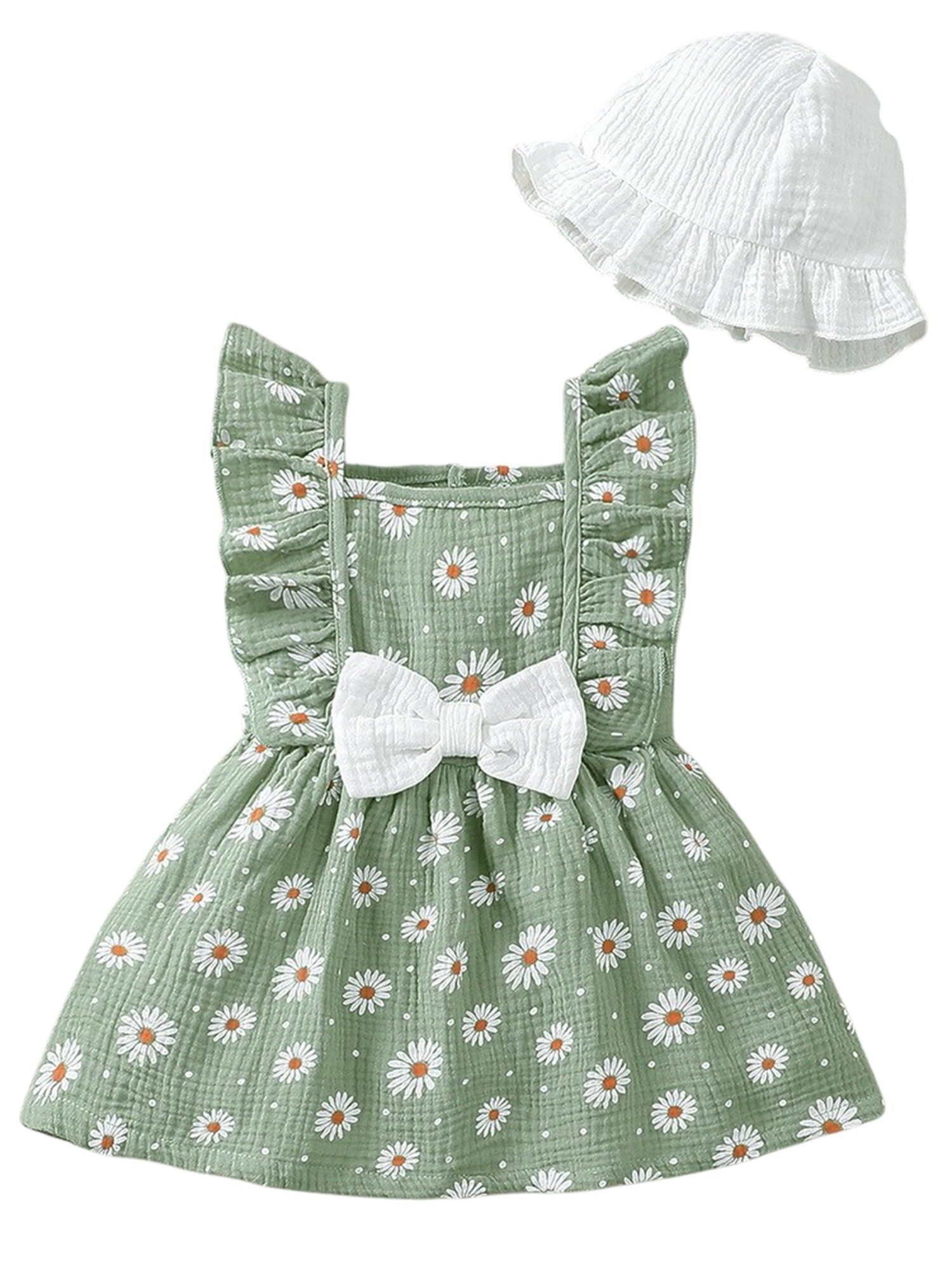 Lapastyle A-Linien-Kleid Baby Mädchen Kleidung, ärmelloses Rüschenkleid und Hut, 100% Baumwolle (Set, 2-tlg) Süßes Sommerkleid-Set mit Blumenmuster, für Freizeit und Partys
