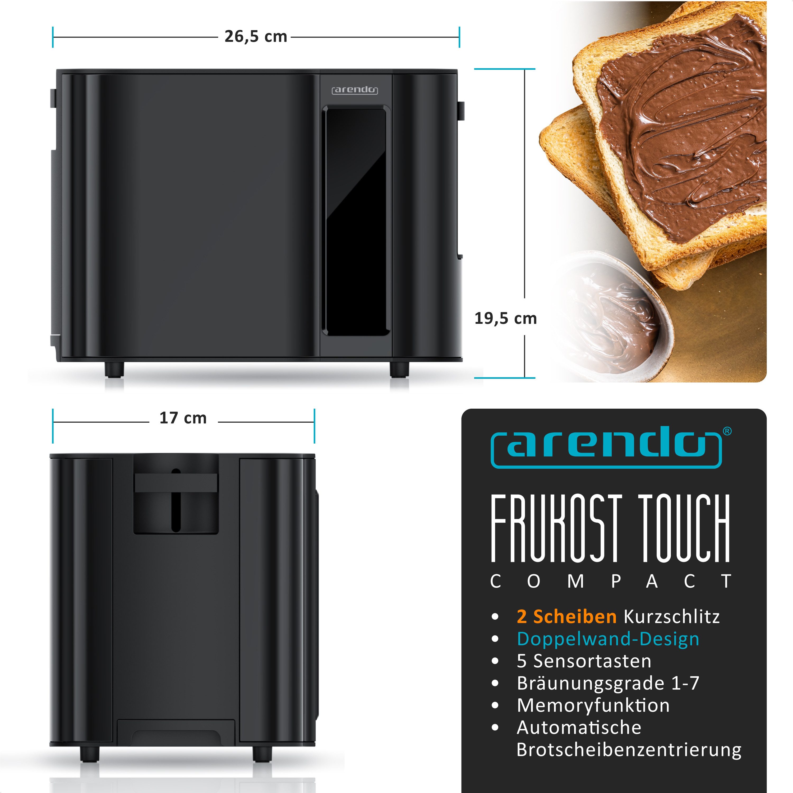 Arendo Toaster Wärmeisoliertes Doppelwandgehäuse, Display mit Restzeitanzeige, 2 kurze Schlitze, für 2 Scheiben, 800 W, Touchpanel, Brötchenaufsatz, 7 Bräunungsgrade, Brotscheibenzentrierung