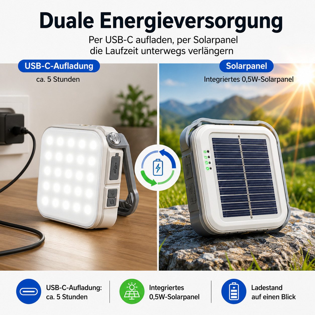 Tekoo LED Laterne LED Solar Campinglampe & Powerbank 4000mAh, 800 Lumen, Dimmbar IPX4, LED fest integriert, Warmweiß, Neutralweiß, Tageslichtweiß, Kaltweiß, Solarpanel, Powerbank-Funktion, IPX6 Wasserdicht, Dimmbar