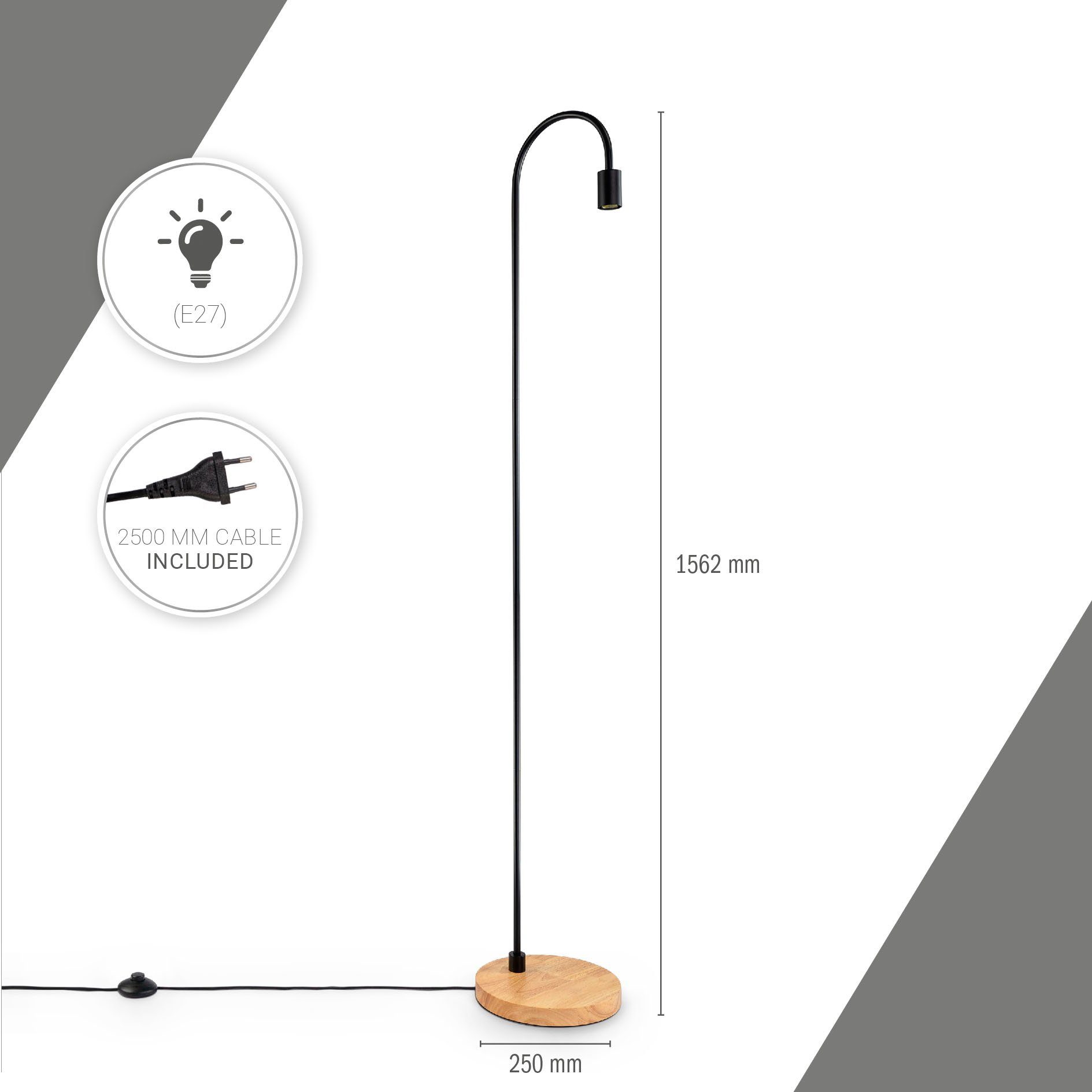 Stehlampe Fuß Skandi Home Holz Bogenlampe Paco ohne Minimalistisch WALTER, Industrial Wohnzimmer Leuchtmittel, LED