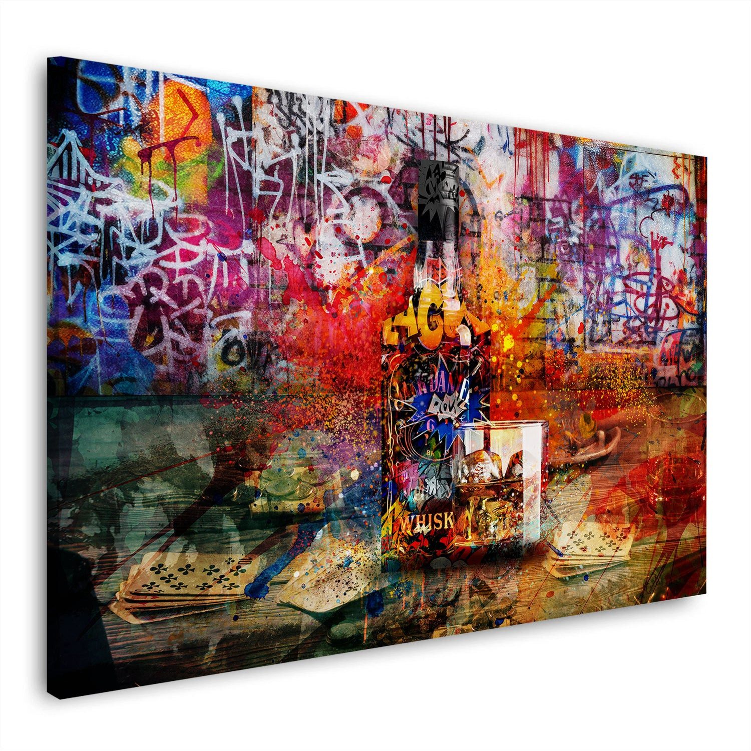 Leinwandbild Graffiti Pop Art Whisky und Poker Wandbild Leinwandbild Kunstdruck XL