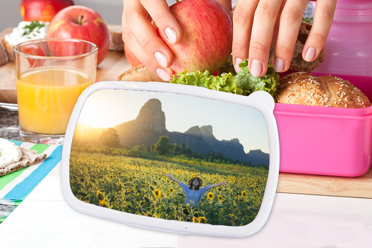 MuchoWow Lunchbox Kinder, (2-tlg), Erwachsene, Brotbox Mädchen, Italien, - Brotdose Kunststoff für rosa Snackbox, Kunststoff, - Sonnenblume Frau