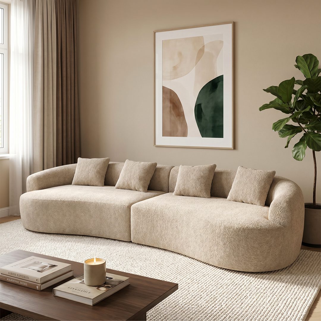 skølm Sofa Loki aus Teddy-Bouclé-Stoff, Vollschaumcouch mit Vakuum-Kompression, Beige, Couch 4 Sitzer mit 4 Kissen, kein Aufbau notwendig