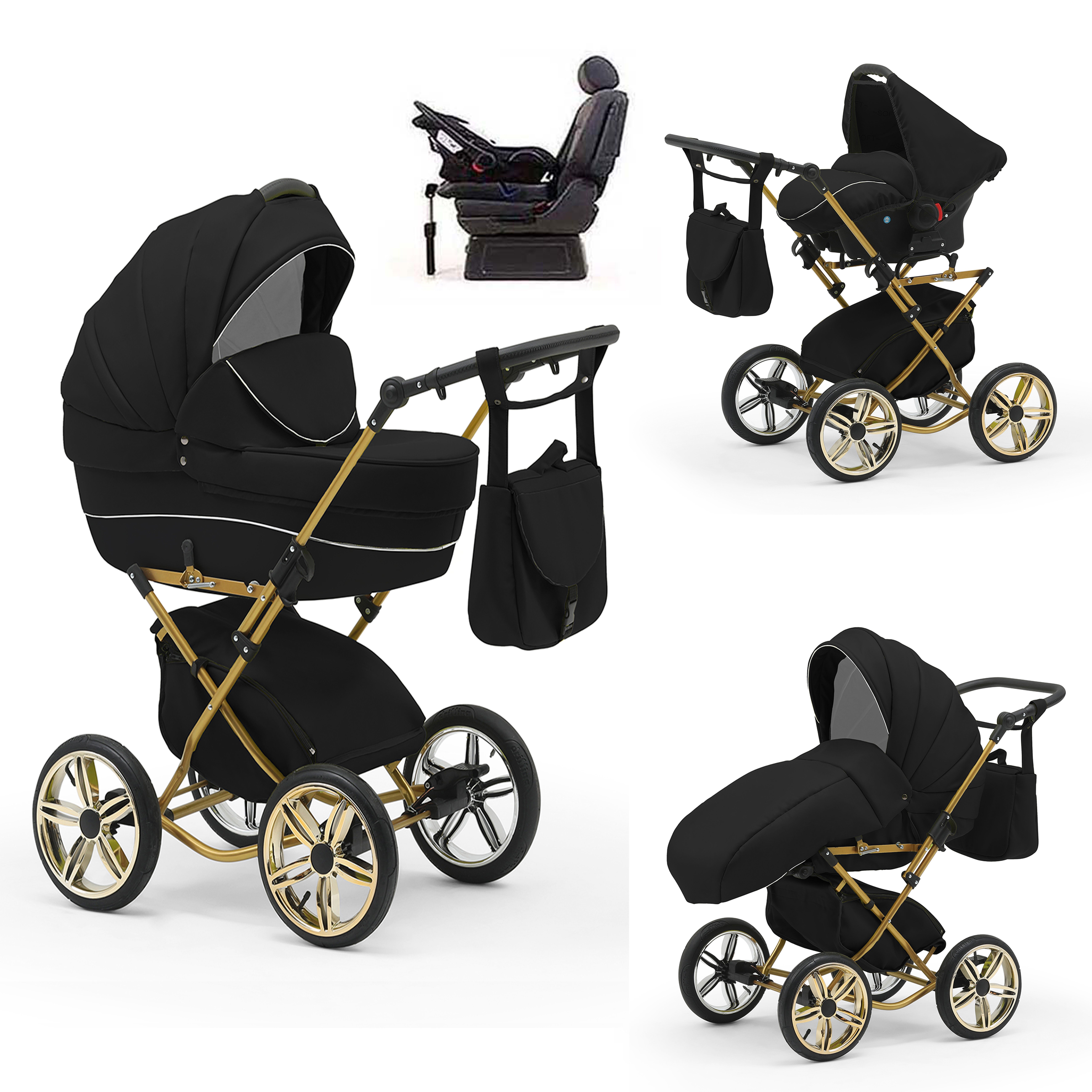 babies-on-wheels Kombi-Kinderwagen Sorento 4 in 1 inkl. Autositz und Iso Base - 14 Teile - in 10 Designs Schwarz