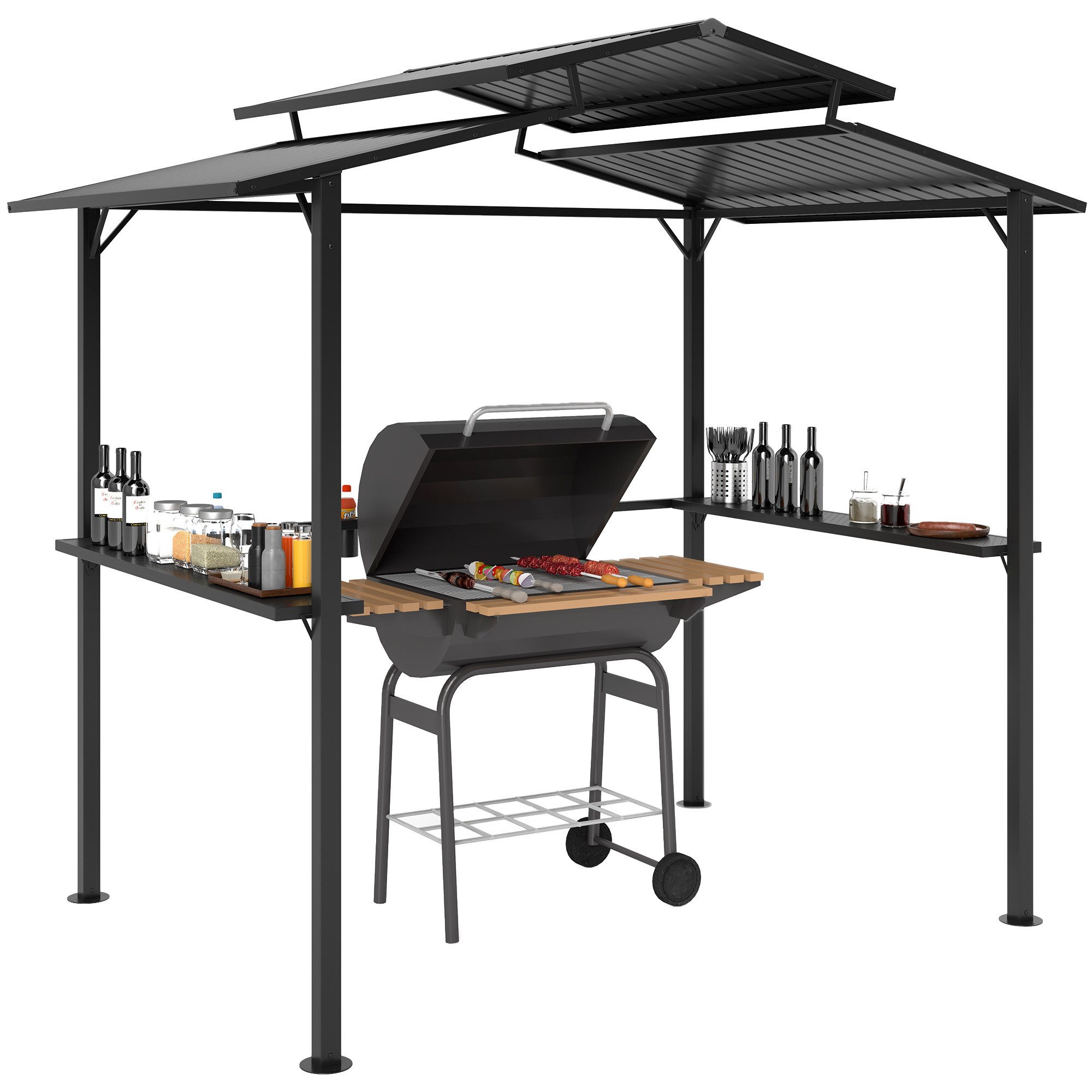 Outsunny Grillpavillon mit Doppelschichtdach, Seitenregalen, UV-Schutz, günstig online kaufen