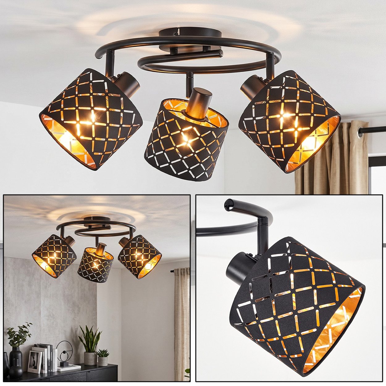 hofstein Deckenleuchte Deckenlampe aus Metall/Stoff in Schwarz/Goldfarben mit Lichteffekt, verstellbare Deckenleuchte im Retro/Vintage-Design, 3 x E14