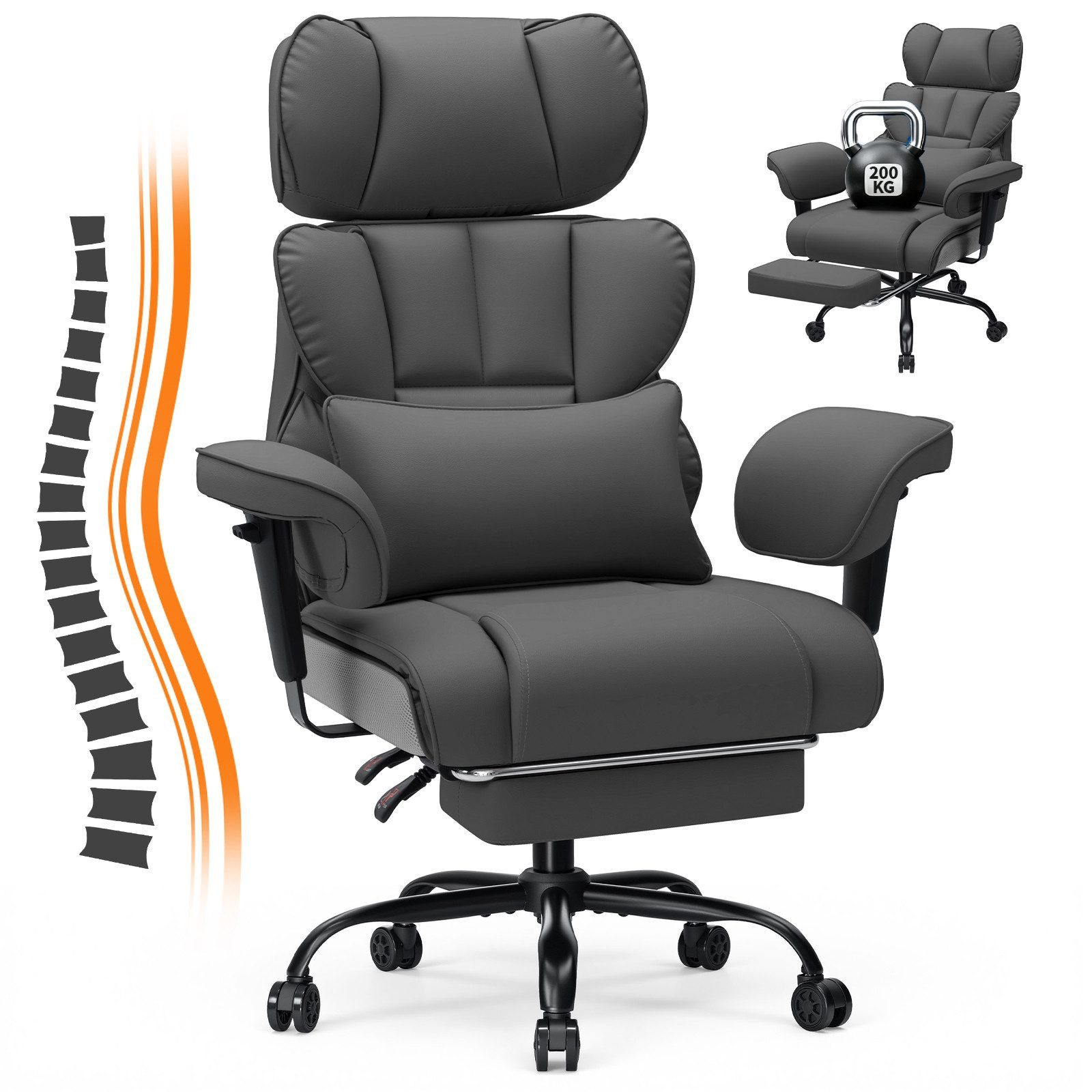 Hoffree Drehstuhl XXL Ergonomischer Bürostuhl Chefsessel Gaming-Stuhl Kunstleder, mit Fußstütze, verstellbarer Kopf- & Armlehnen, Max bis 200 kg
