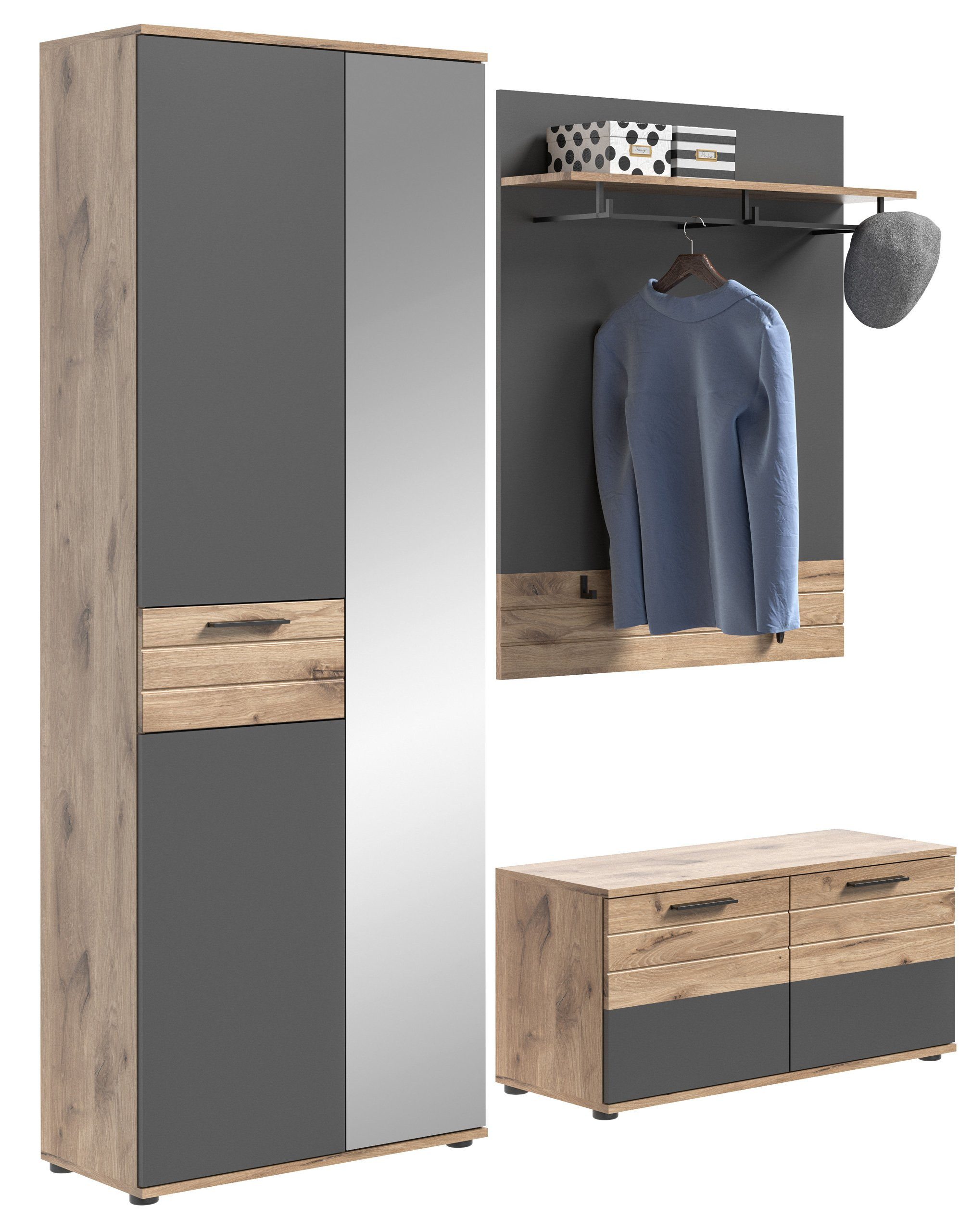 Newroom Garderoben-Set Eiche 200 cm, Garderoben-Set Basalt Grau Eiche Flurmöbel Garderobenschrank Indus...