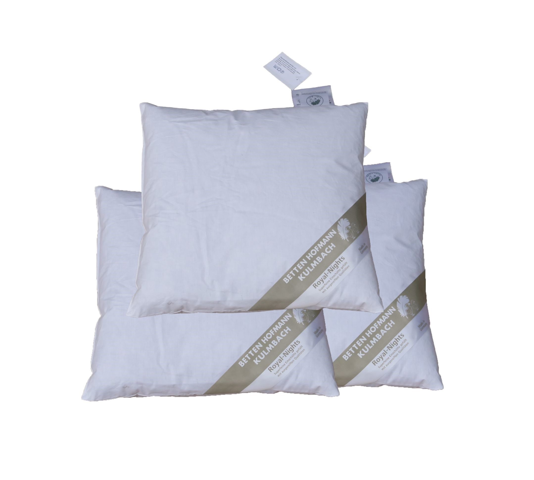 Betten Hofmann Kopfkissen 3 Stück Betten Hofmann Daunenkissen 40x40 cm 100 g Kuschelkissen, Füllung: 100% Daunen, Bezug: 100% Baumwolle, Seitenschläfer, Bauchschläfer, Rückenschläfer, 3-tlg., weich und kuschelig, made in Germany, im Set günstiger