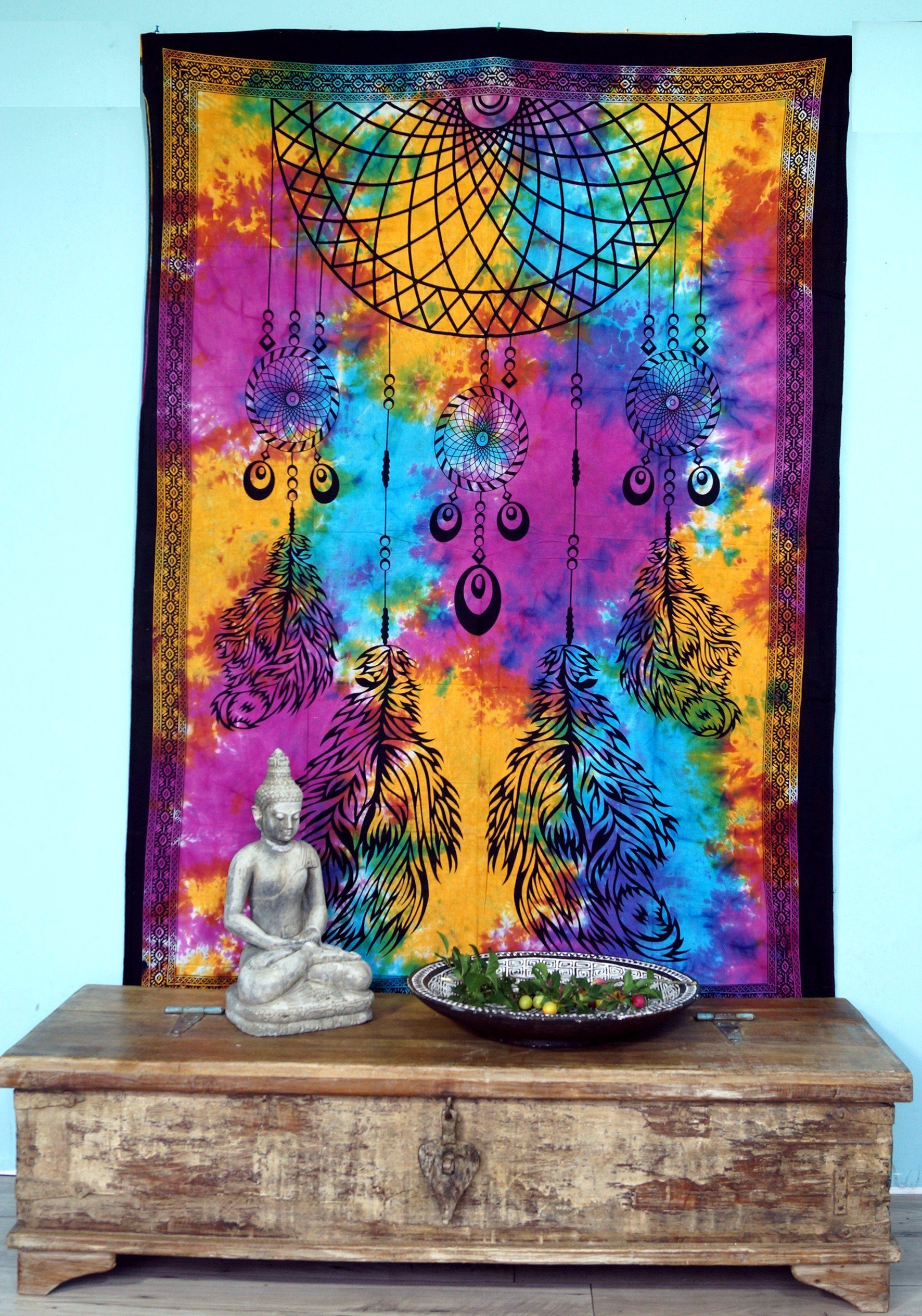 Boho-Style Traumfänger Chakra Wandbehang, Regenbogen indische Tagesdecke / Guru-Shop Tagesdecke -..,