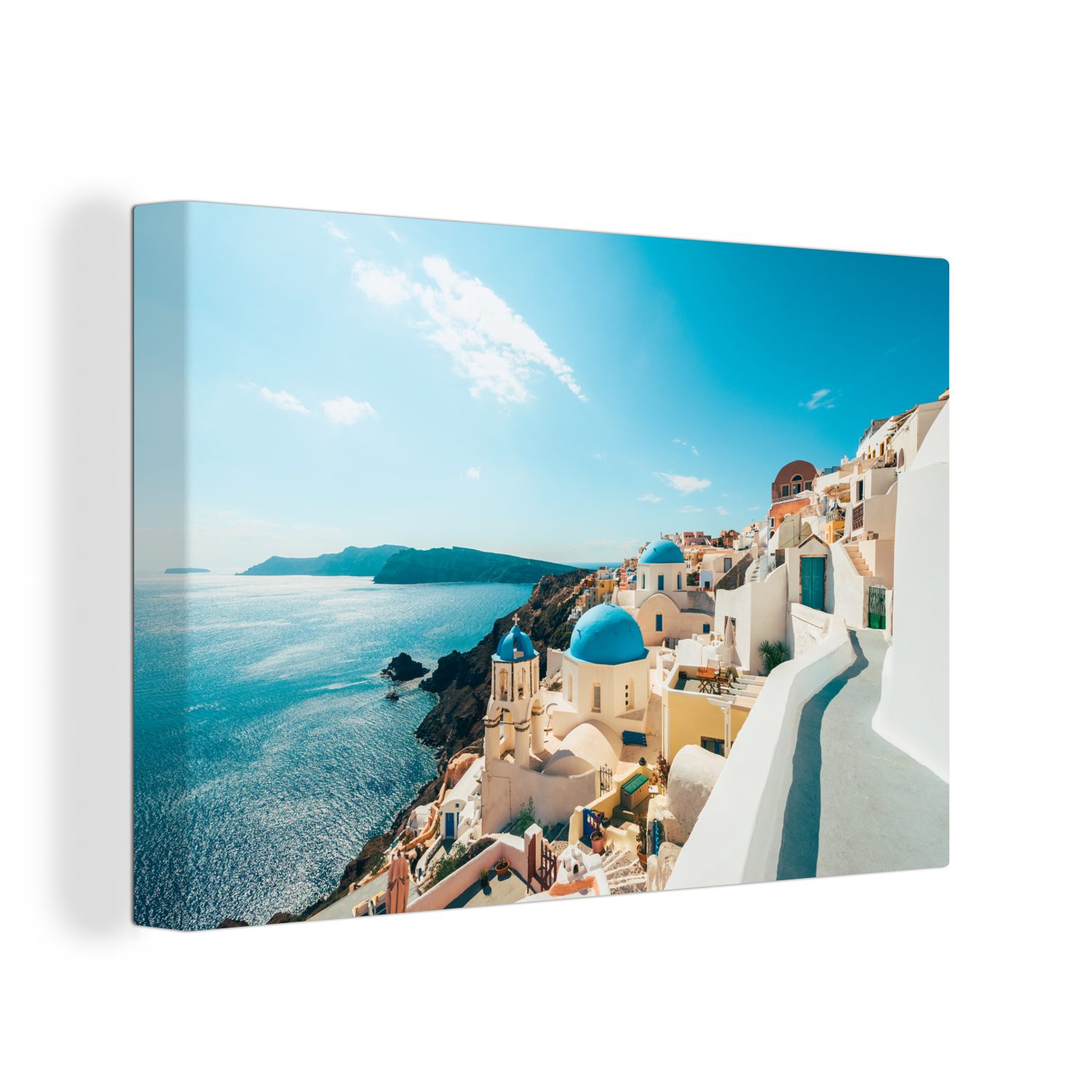 OneMillionCanvasses® Leinwandbild Blick auf das Meer bei Oia in Griechenland, (1 St), Wandbild für alle Wohnbereiche, Gemälde, XXL, großes, 120x80 cm