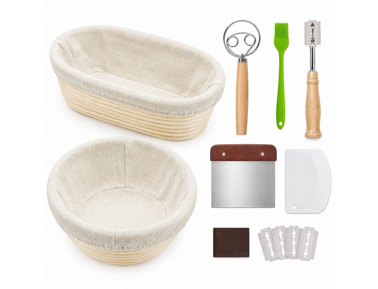 GLIESE POWER Gärkorb -Set Oval & Rund – mit Leinen, Teigschaber & Brotmesser, (8-tlg), 2 Körbe, Leinen, Schaber & Messer – für Brotbacken.