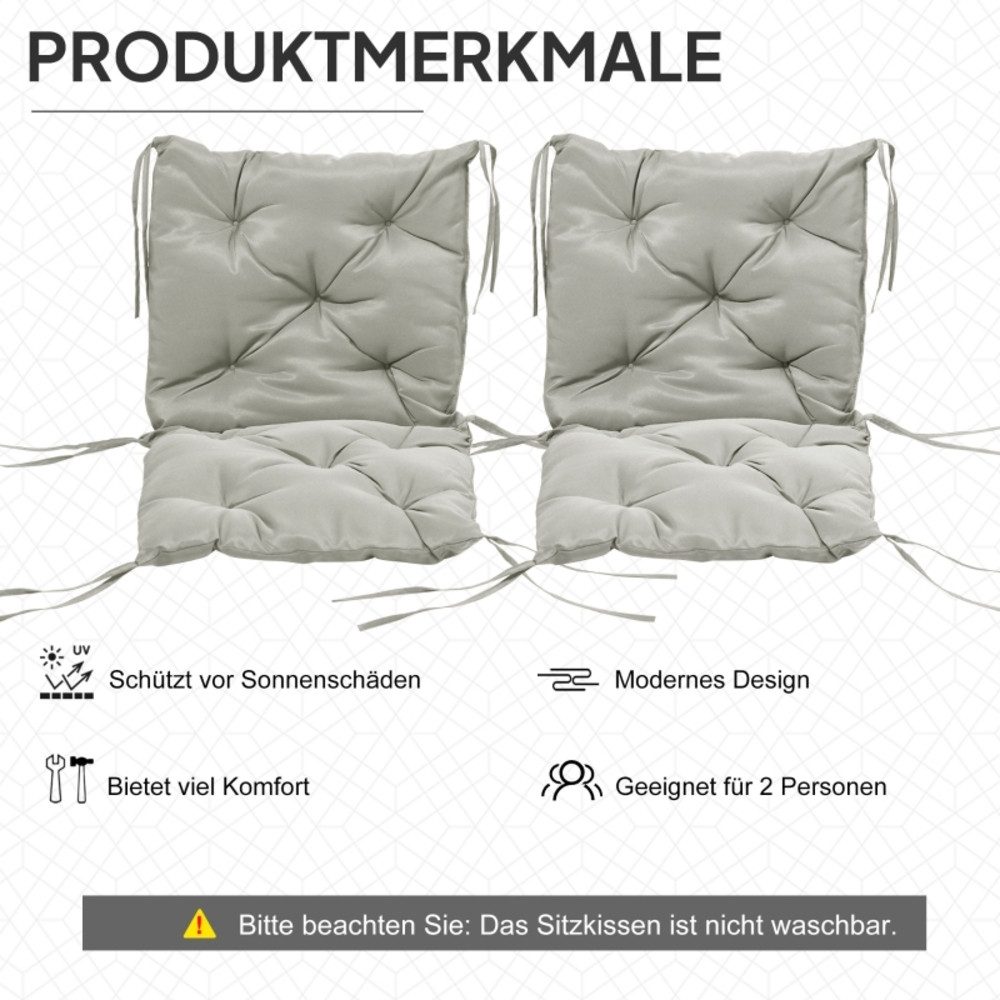 CHICFURN Stuhlkissen 2er-Set Sitzauflagen mit Bindebändern, 98 x 50 cm, 8 cm dick, Hellgrau, Stoffbezug, für Gartenmöbel und Sitzbänke