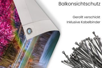 MuchoWow Balkonsichtschutz Wasserfall - Regenbogen - Bäume - Rosa - Natur (1-St) Balkonbanner, Sichtschutz für den Balkon, Robustes und wetterfest