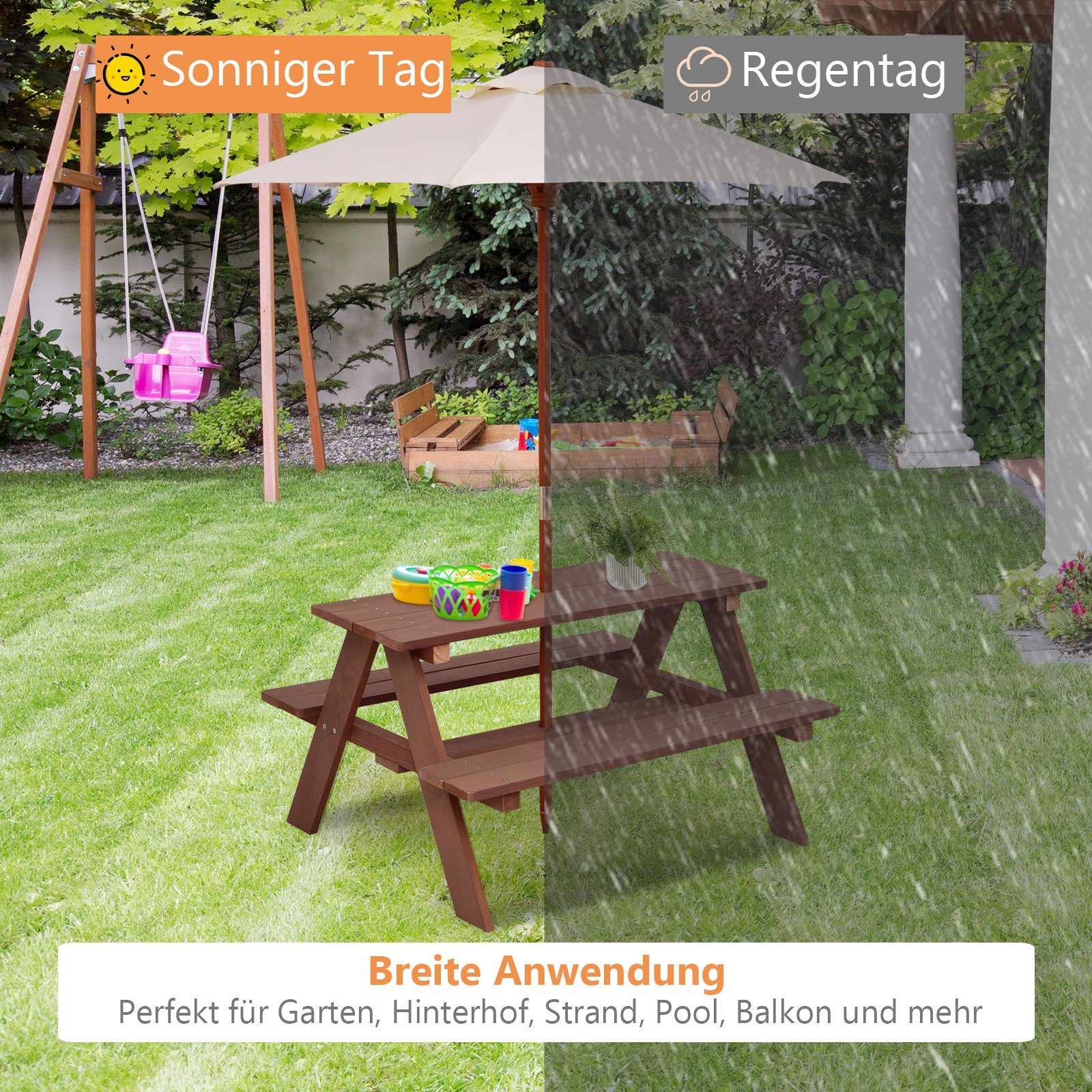 COSTWAY Garten-Kindersitzgruppe, mit abnehmbarem Sonnenschirm, 4 Sitze