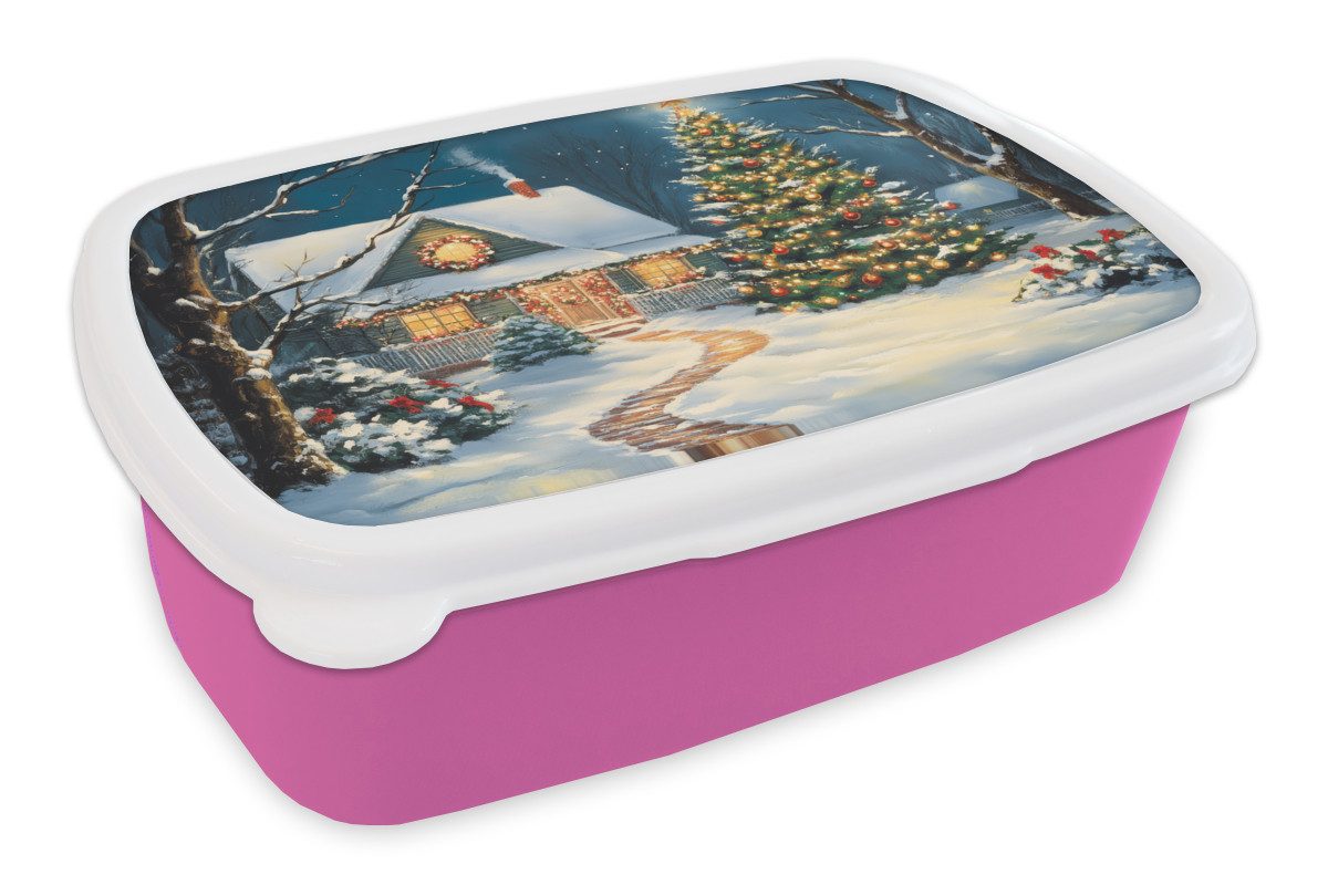 MuchoWow Lunchbox Weihnachten - Weihnachtsbaum - Winter - Zuhause - Schnee, Kunststoff, (2-tlg), Brotdosen, Lunch Box, Brotbox für Kinder und Erwachsene