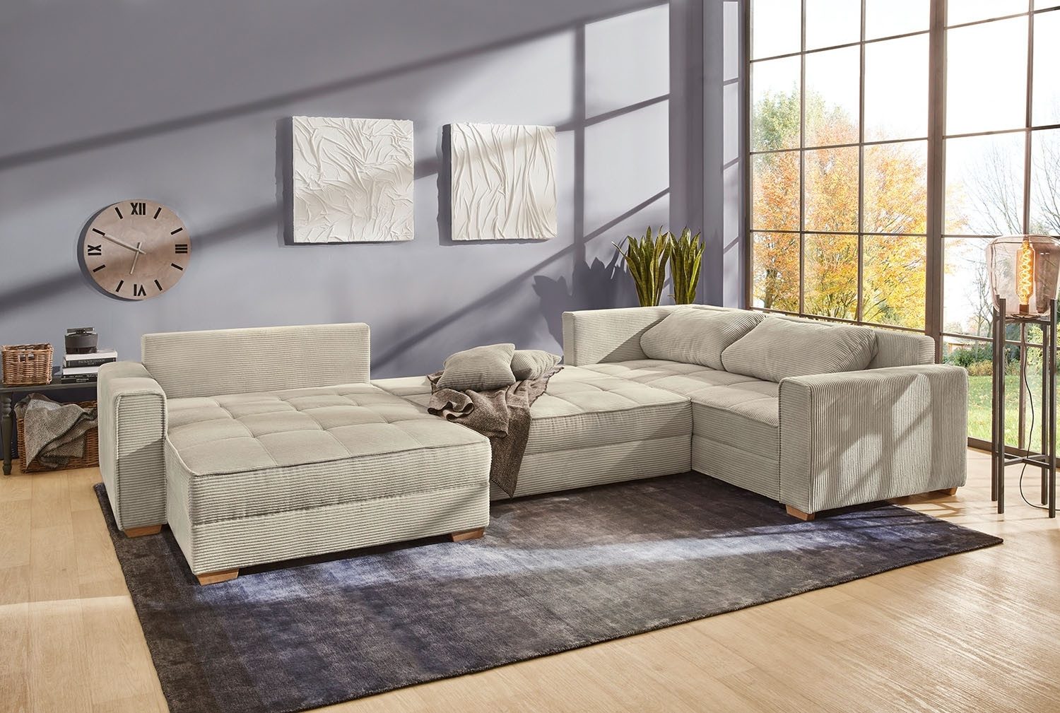 Jockenhöfer Gruppe Wohnlandschaft BRIXEN, Beige, Cord, Bettkasten, Schlaffunktion, mit Rückenkissen & Zierkissen, B 379 x T 227 cm