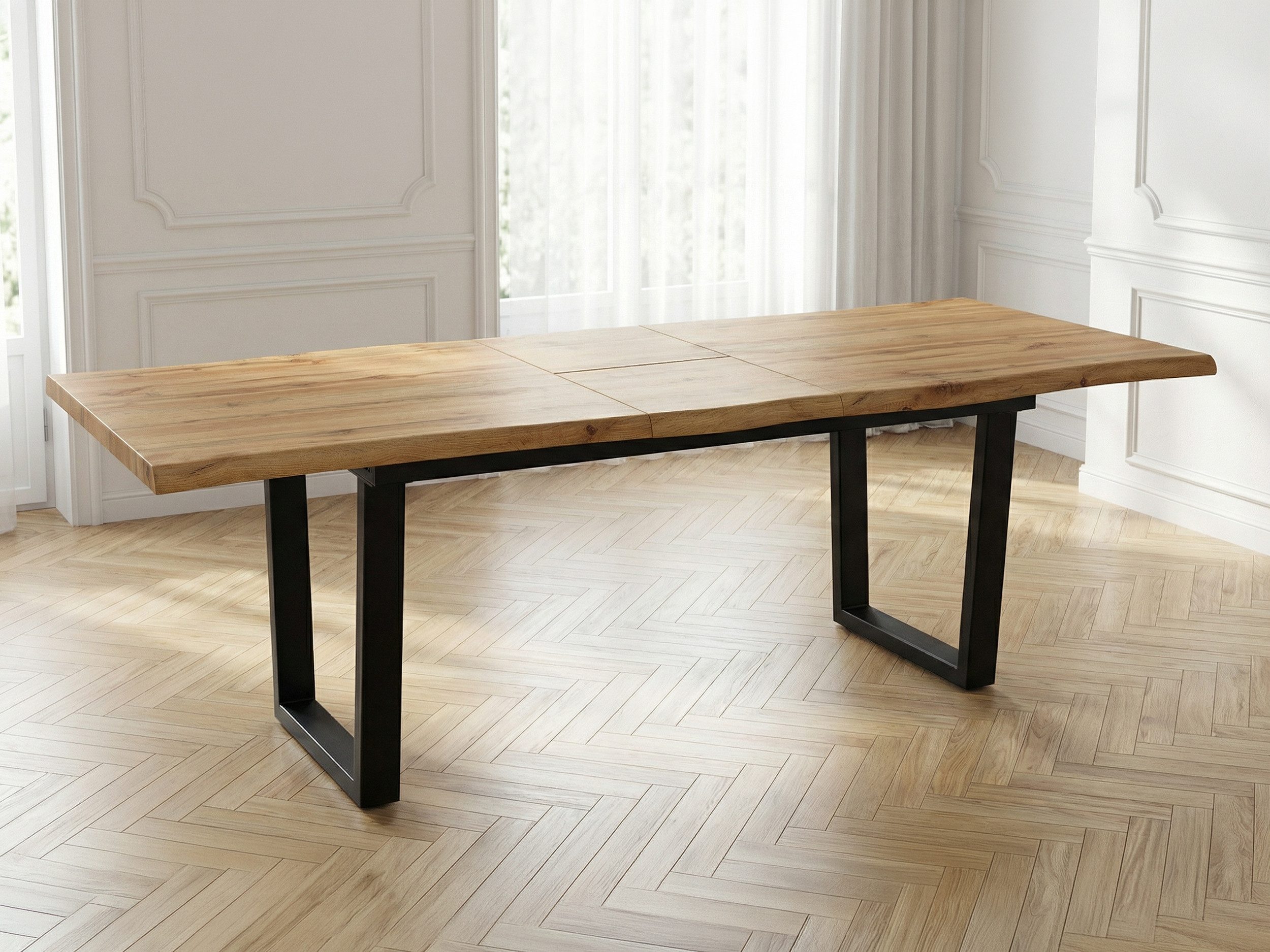 Die Möbelfundgrube® Baumkantentisch IRINA 180 - 220 cm ausziehbar / Baumkantenoptik / Wildeiche, 25 mm Tischplatte / U-Gestell schwarz Metall / Industrial – Bild 4 von 5