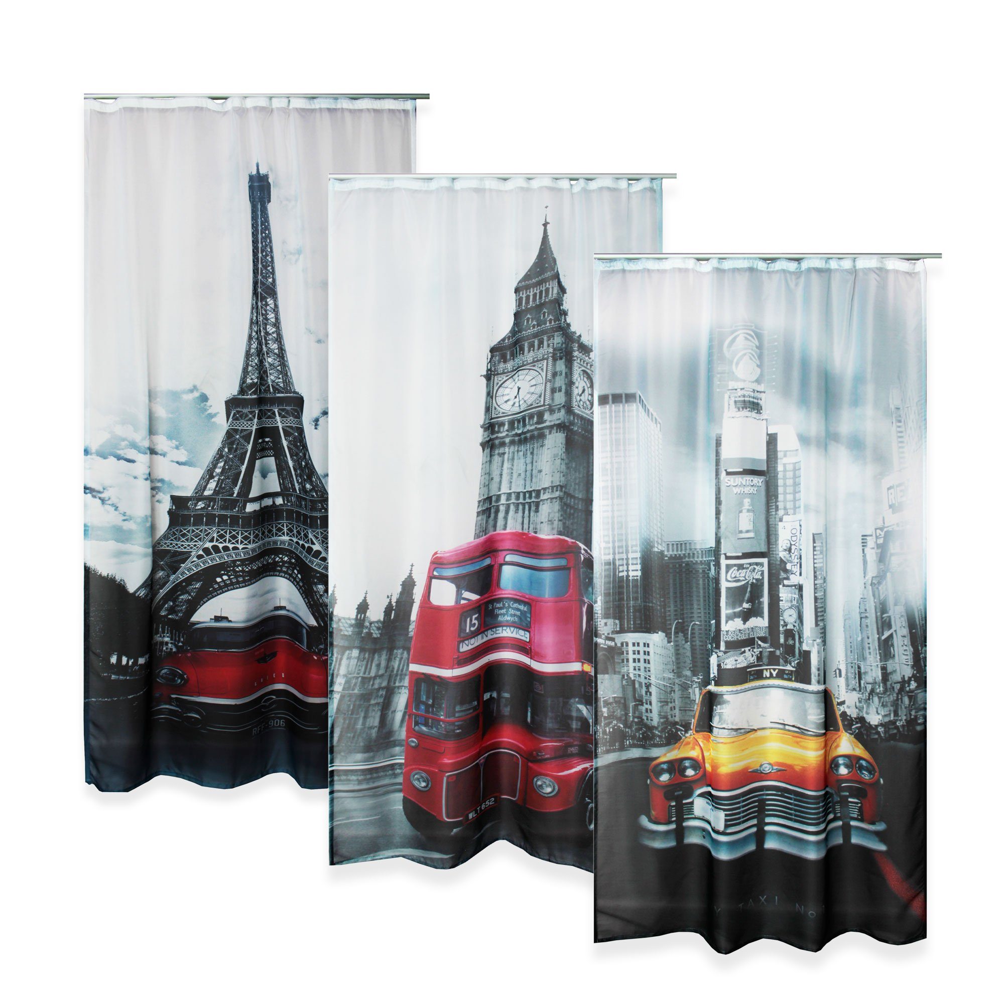 City und Vorhang Motiv London Digitaldruck halbtransparent Haus Kräuselband Set (1 140x245 St), 2er Polyester Deko, Gardine cm, halbtransparent,
