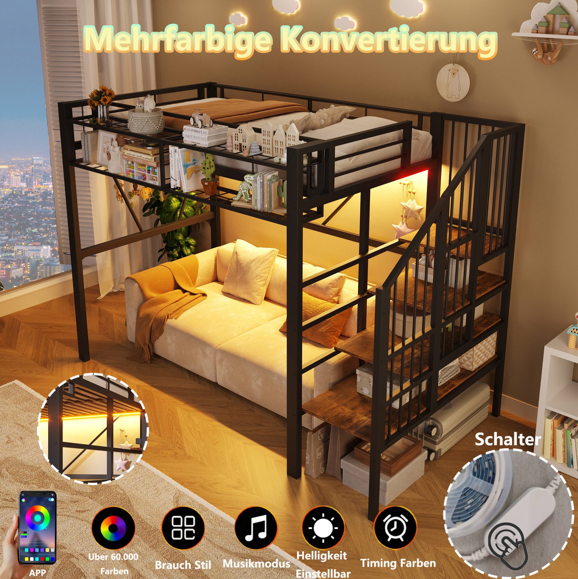 MODFU Hochbett Kinderbett aus Metall mit offenem Stauraum, LED-Leiste (Jugendbett 90x200 cm mit Gitterelementen, Stufen-Ablageregal und Aufbewahrungskorb, Eisenbett) ohne Matratze
