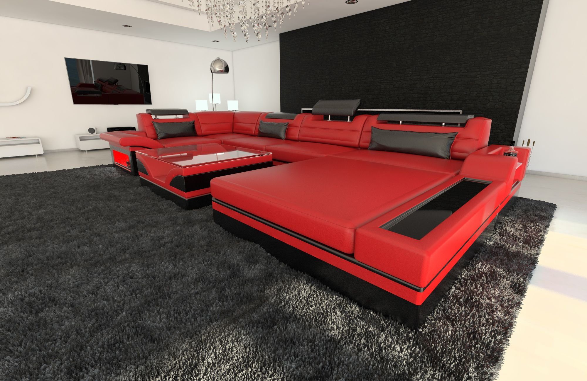 Mezzo Sofa Form Sofa Wohnlandschaft mit Bettfunktion Couch, LED, Designersofa mit Leder als U Dreams Ledersofa, Schlafsofa, wahlweise