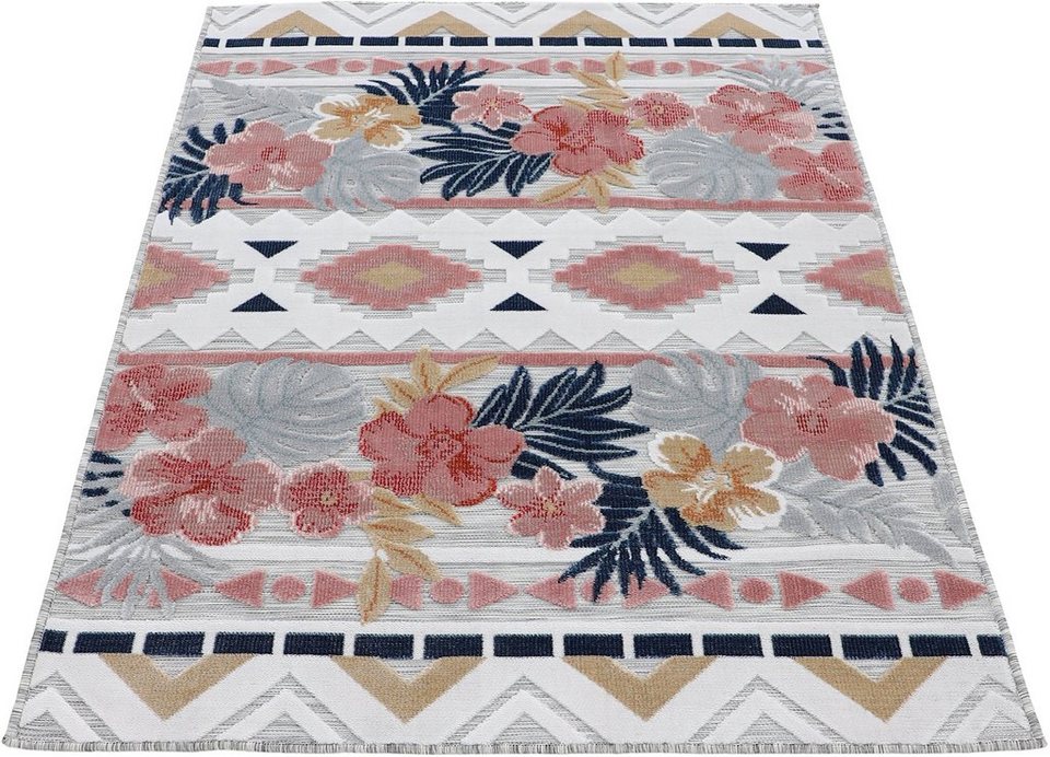 Teppich Deja 101, carpetfine, rechteckig, Höhe: 4 mm, robustes Flachgewebe,  Motiv- Floral Palmenblätter, Hoch-Tief Effekt