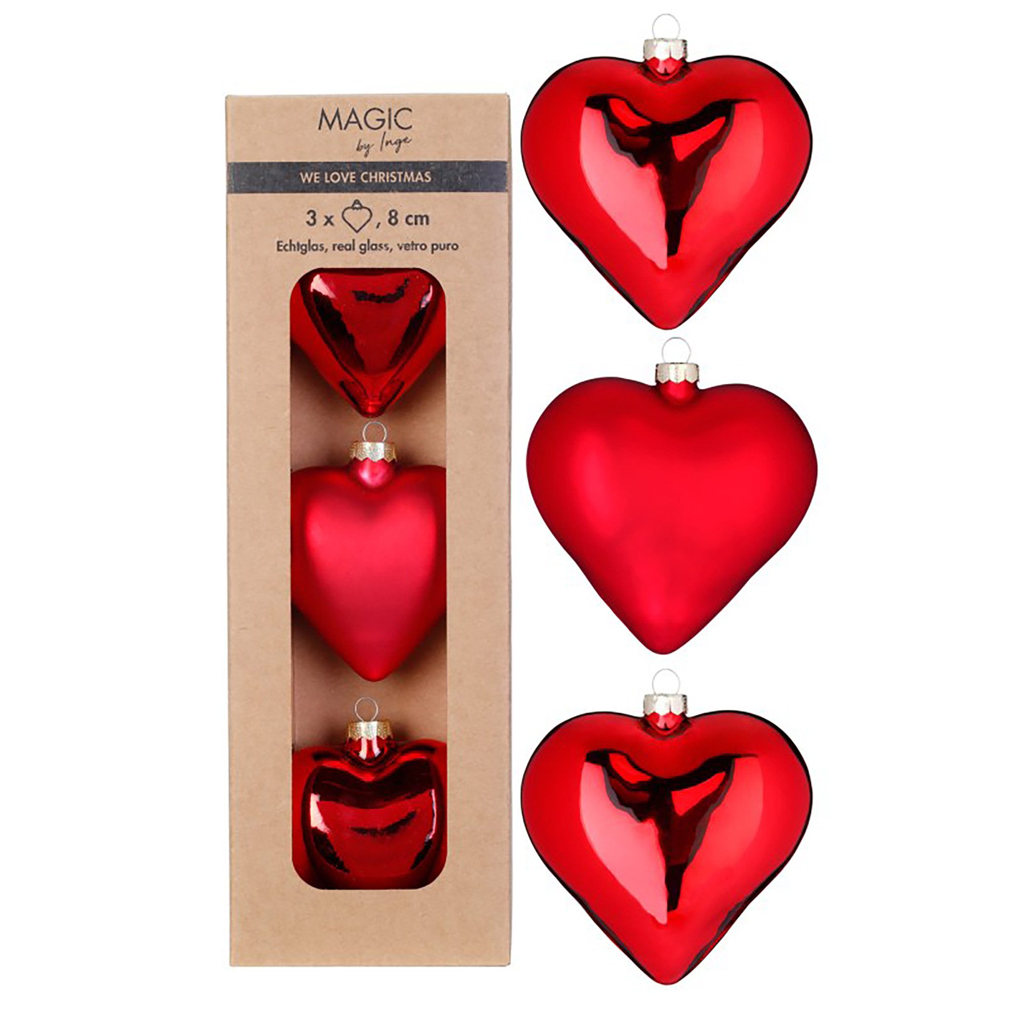 MAGIC by Inge Christbaumschmuck, Christbaumschmuck Herzen 8cm Glas 3er Set - Merry Red