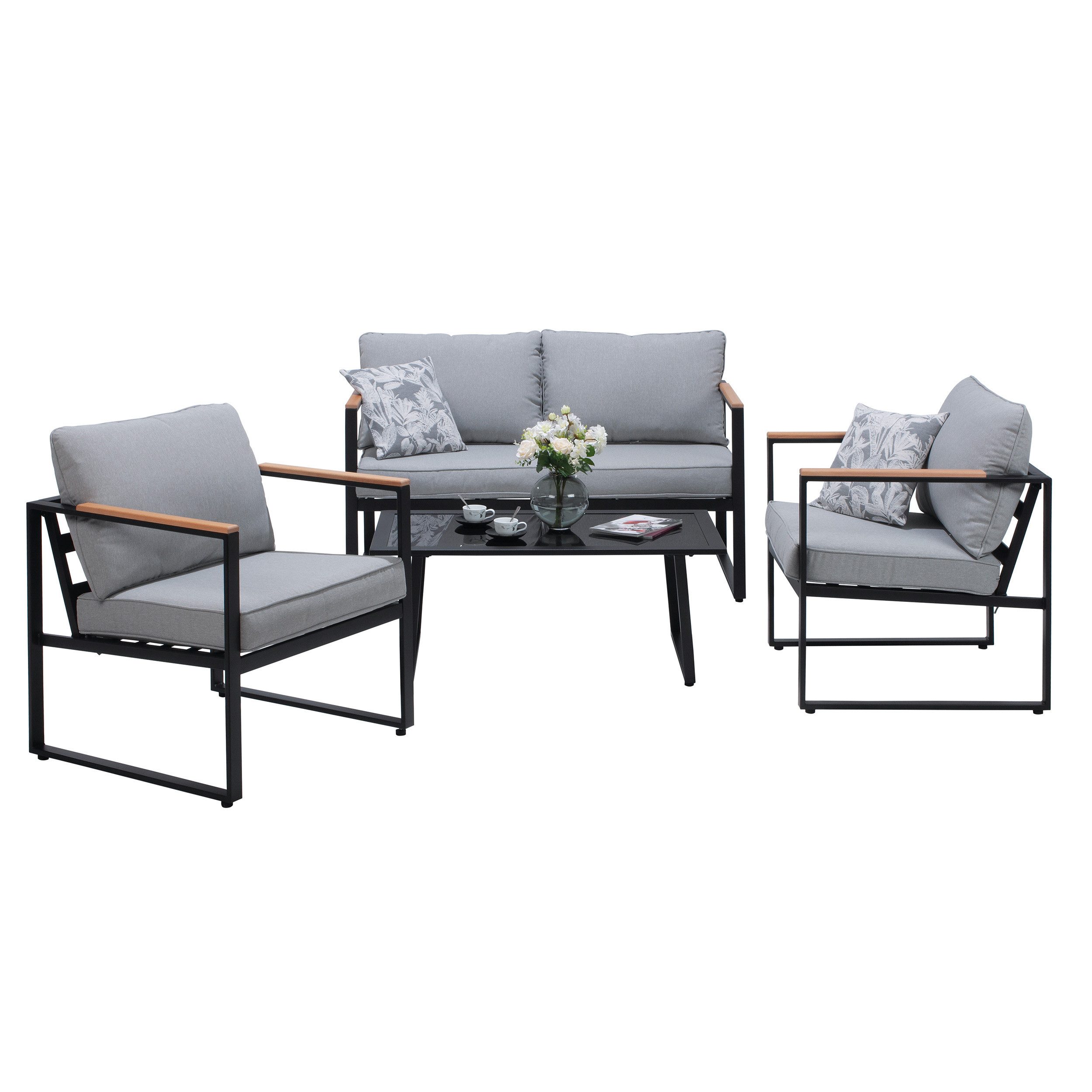 Gartenlounge-Set 4-teilige Gartenlounge Stahl Schwarz Polster Grau