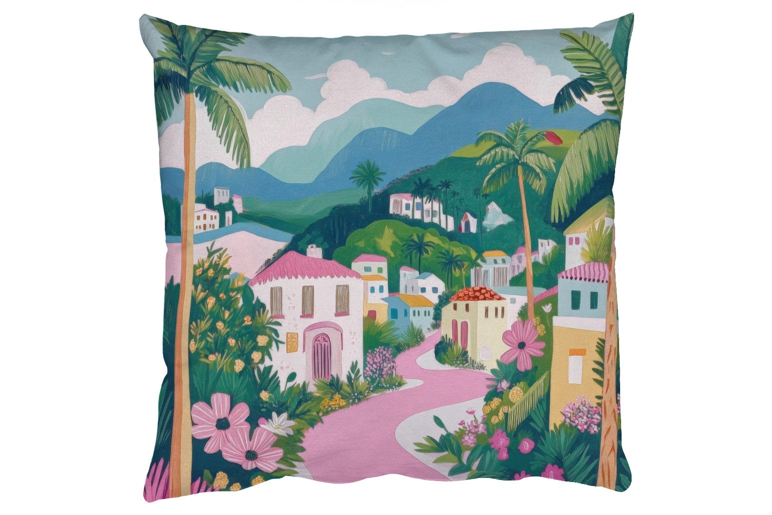 MuchoWow Dekokissen Bunt - Häuser - Hügel - Rosa, Zierkissen mit Füllung für Wohnzimmer, Sofakissen, 40x40 cm