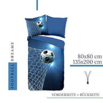 Kinderbettwäsche Fußball Dreams 135x200+80x80 cm, MTOnlinehandel, Polyester, 2 teilig, weich & angenehm, hautfreundlich, Fanartikel blau