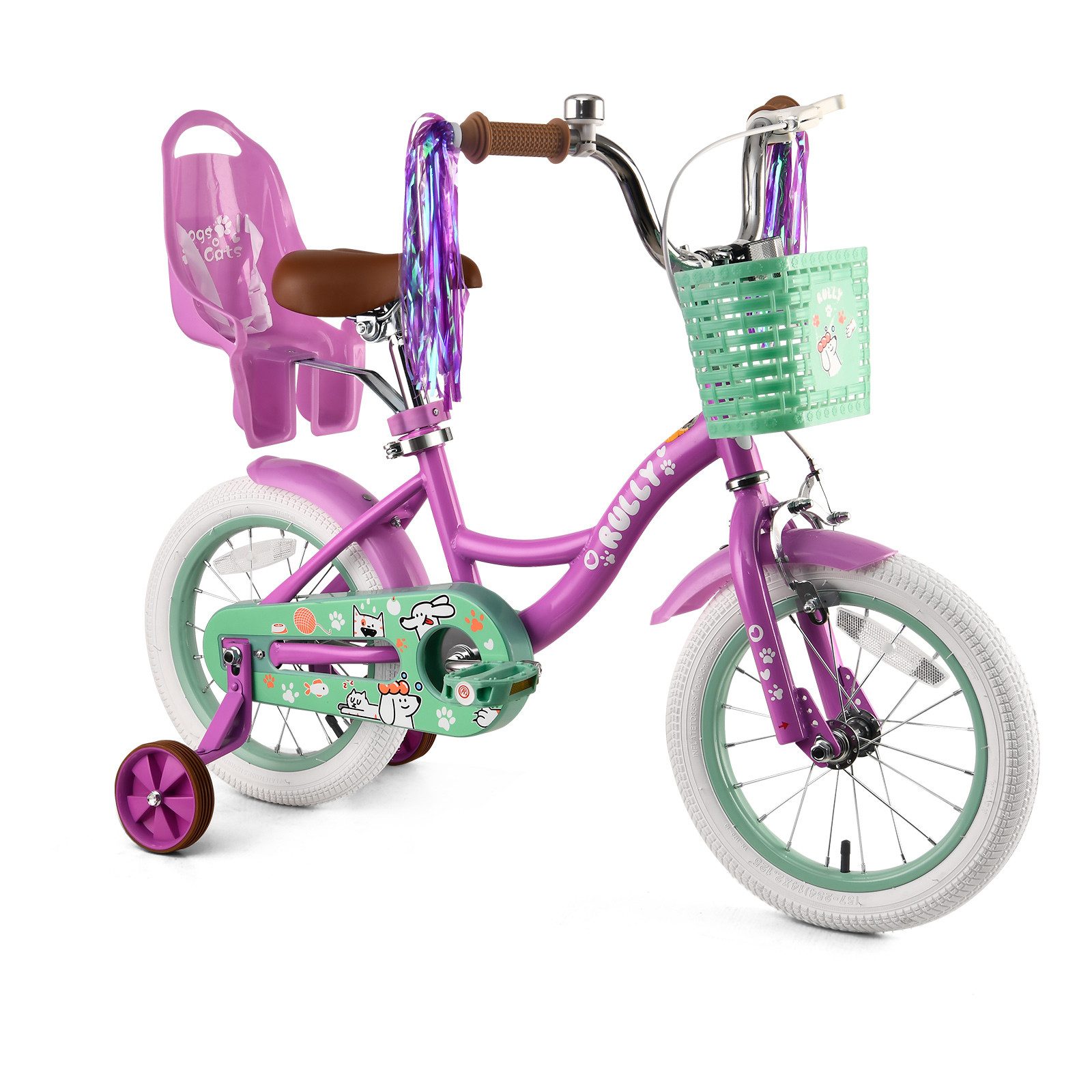RULLY für Mädchen, 12/14/16 Zoll, geeignet für 2–7 Jahre, 1 Gang, mit Lenkerkorb, Puppensitz, Stützrädern, Schutzblech & Glocke