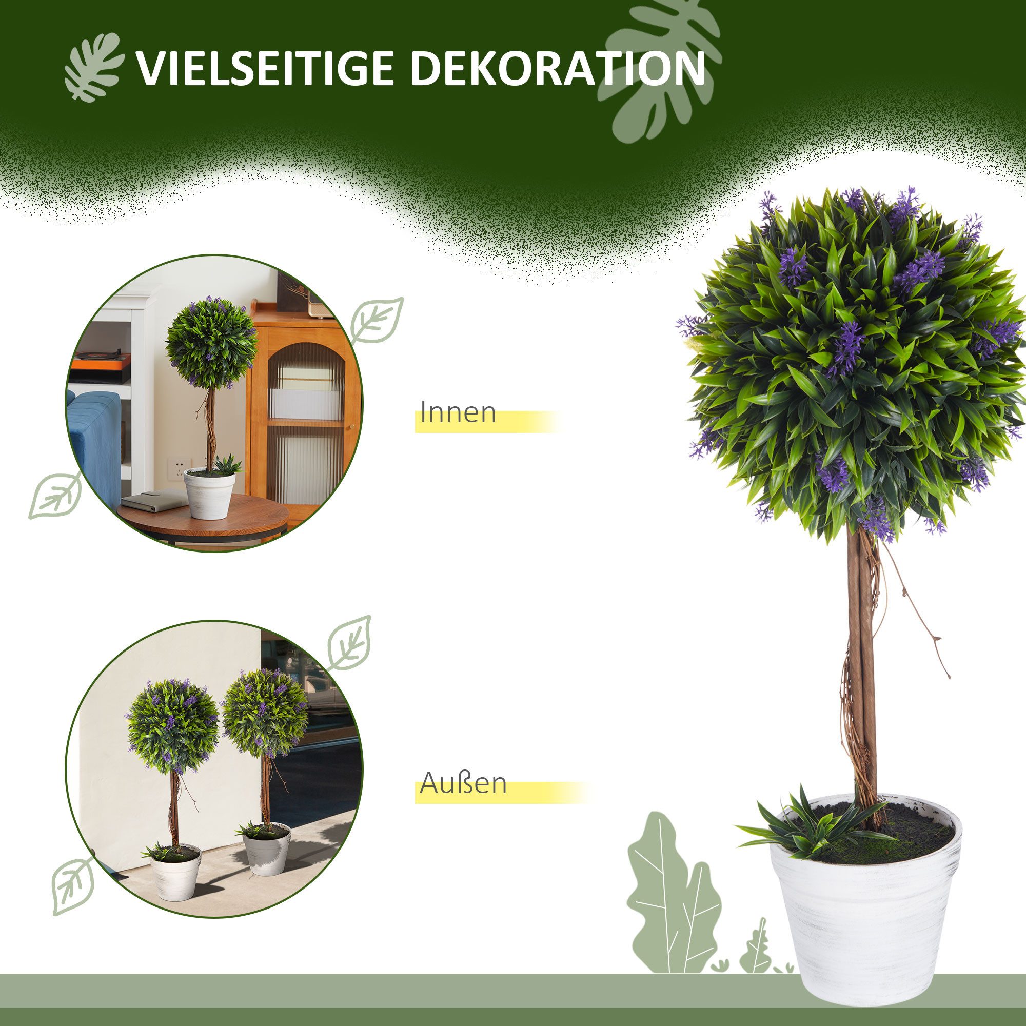 Kunstpflanze Künstliche Lavendel 2er-Set groß mit UV Schutz im Topf, wie echt Lavendelbäume, HOMCOM, Höhe 60 cm, für Wohnzimmer Schlafzimmer Büro Garten moderne – Bild 5 von 5