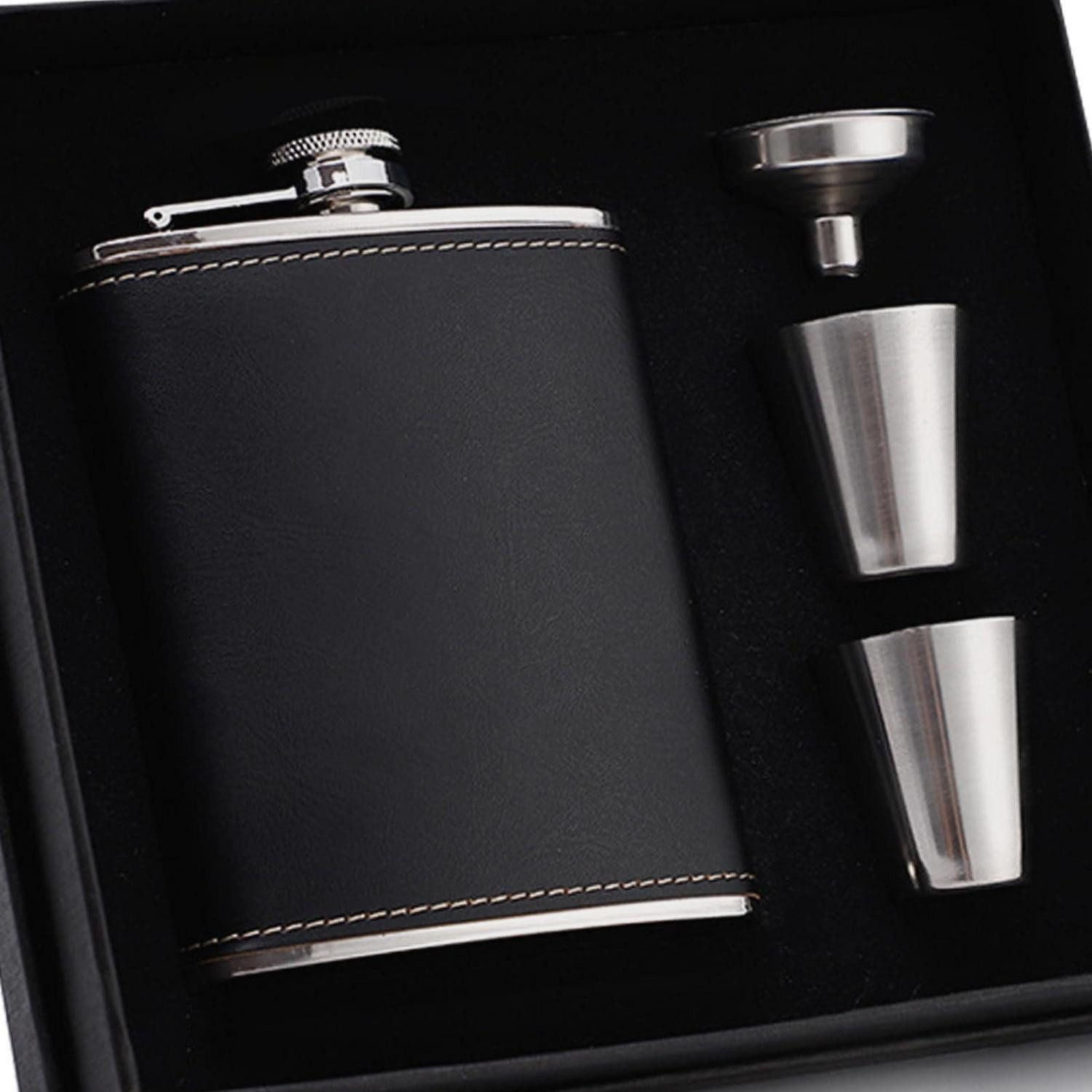LuxusKollektion Flachmann Flachmann Set schwarz 200ml in Lederoptik