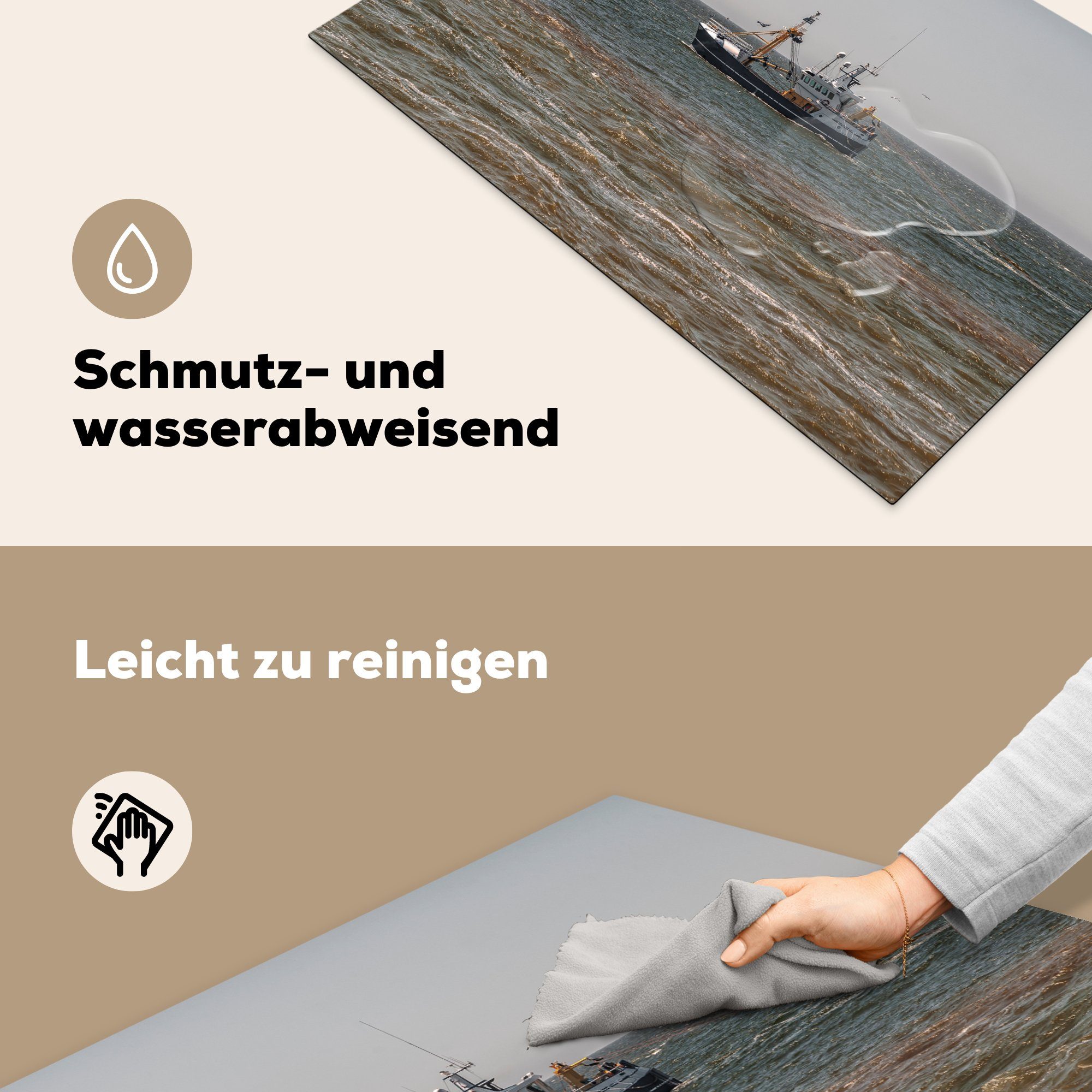 cm, Induktionskochfeld MuchoWow Fischerboot - Ceranfeldabdeckung für die 81x52 tlg), Herdblende-/Abdeckplatte Wasser, Schutz Vinyl, - küche, Nordsee (1