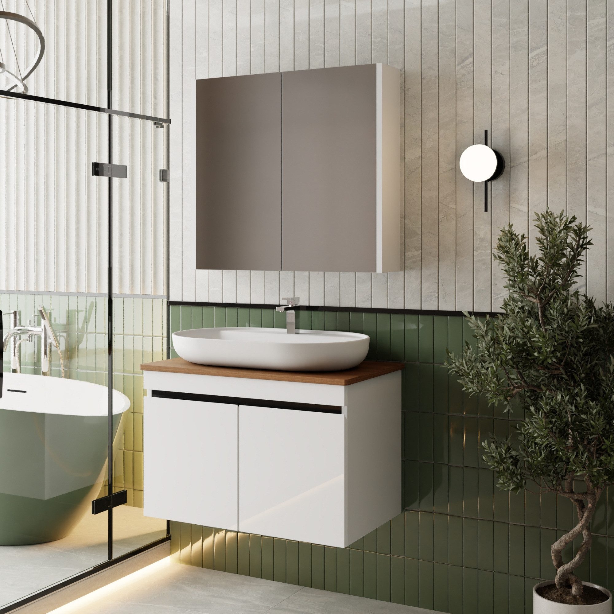 Karen Badmöbel-Set Badmöbel Set Venus, (Komplett-Set, Standartmäßig 4-Teilig (Unterschrank, Konsole, Spiegelschrank, Waschbecken), Optionaler Hochschrank, 4-St., Unterschrank mit Türen, Spiegelschrank mit Türen & Regalen), Futuristisches Design, Highgloss-Beschichtung, Softclose, Griffleisten