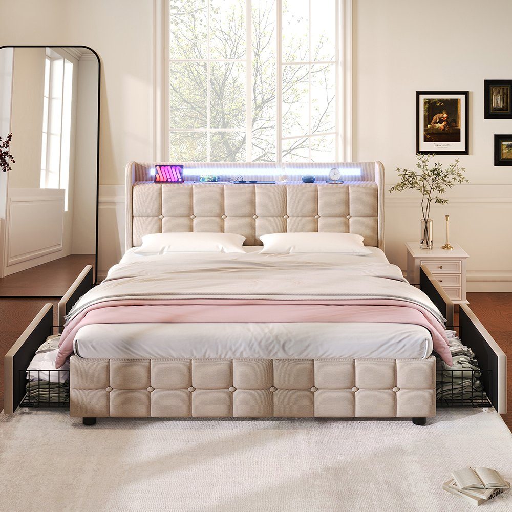 Polsterbett (Stauraumbett mit Lattenrost), Dopplebett 180x200cm mit LED-Beleuchtung, Ladefunktion & 4 Schubladen