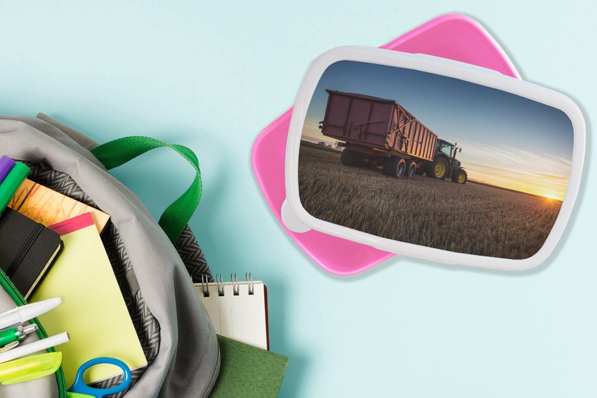 Snackbox, - Erwachsene, Kunststoff Landleben, - Horizont Kunststoff, Brotbox Grün Traktor Sonnenuntergang Brotdose Lunchbox (2-tlg), Mädchen, MuchoWow - Grün für - rosa - Kinder,