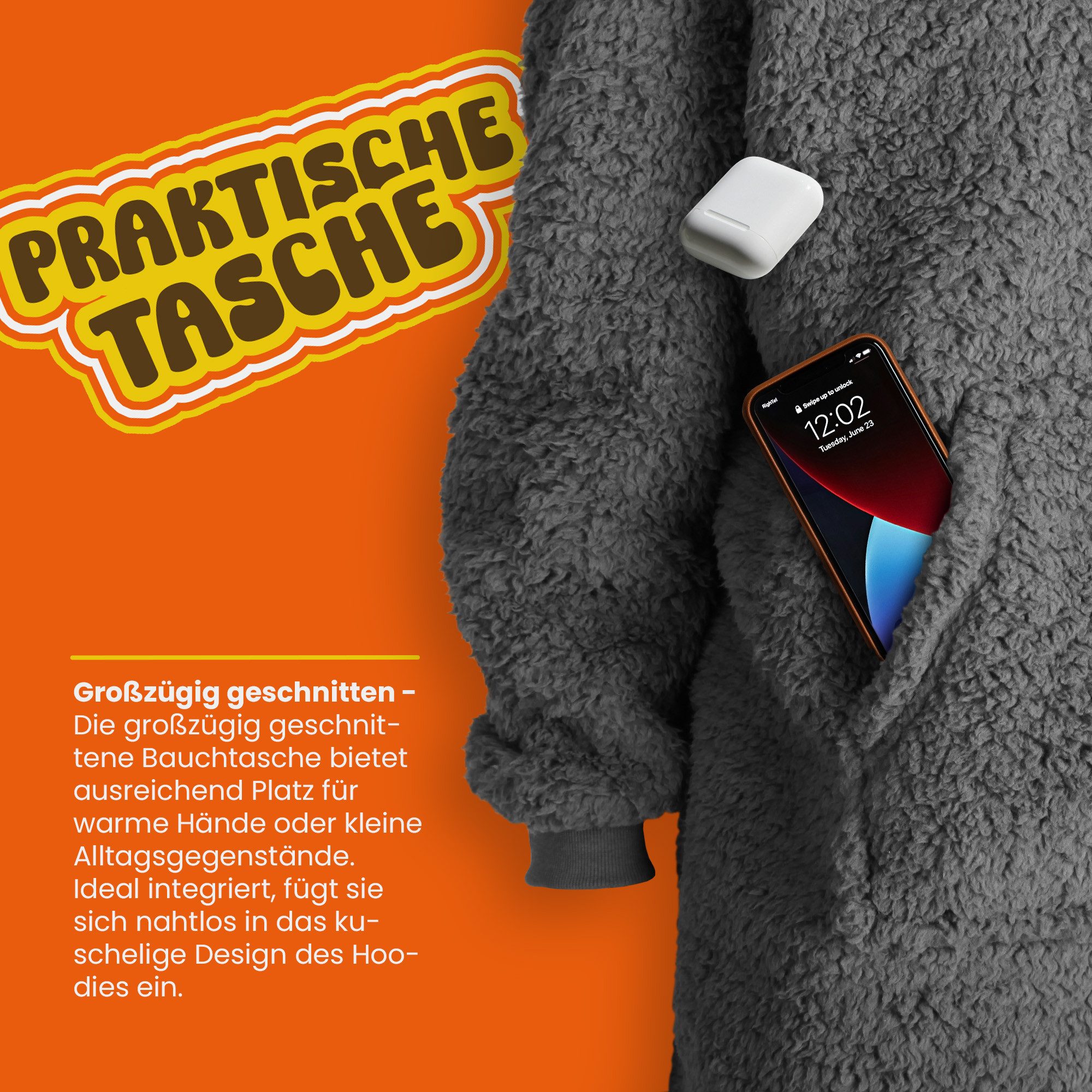 hemmy Fashion Hoodie Kuschelhoodie Oversize Sherpa Fleece Kuscheldecke mit Ärmel / Kapuze, One Size