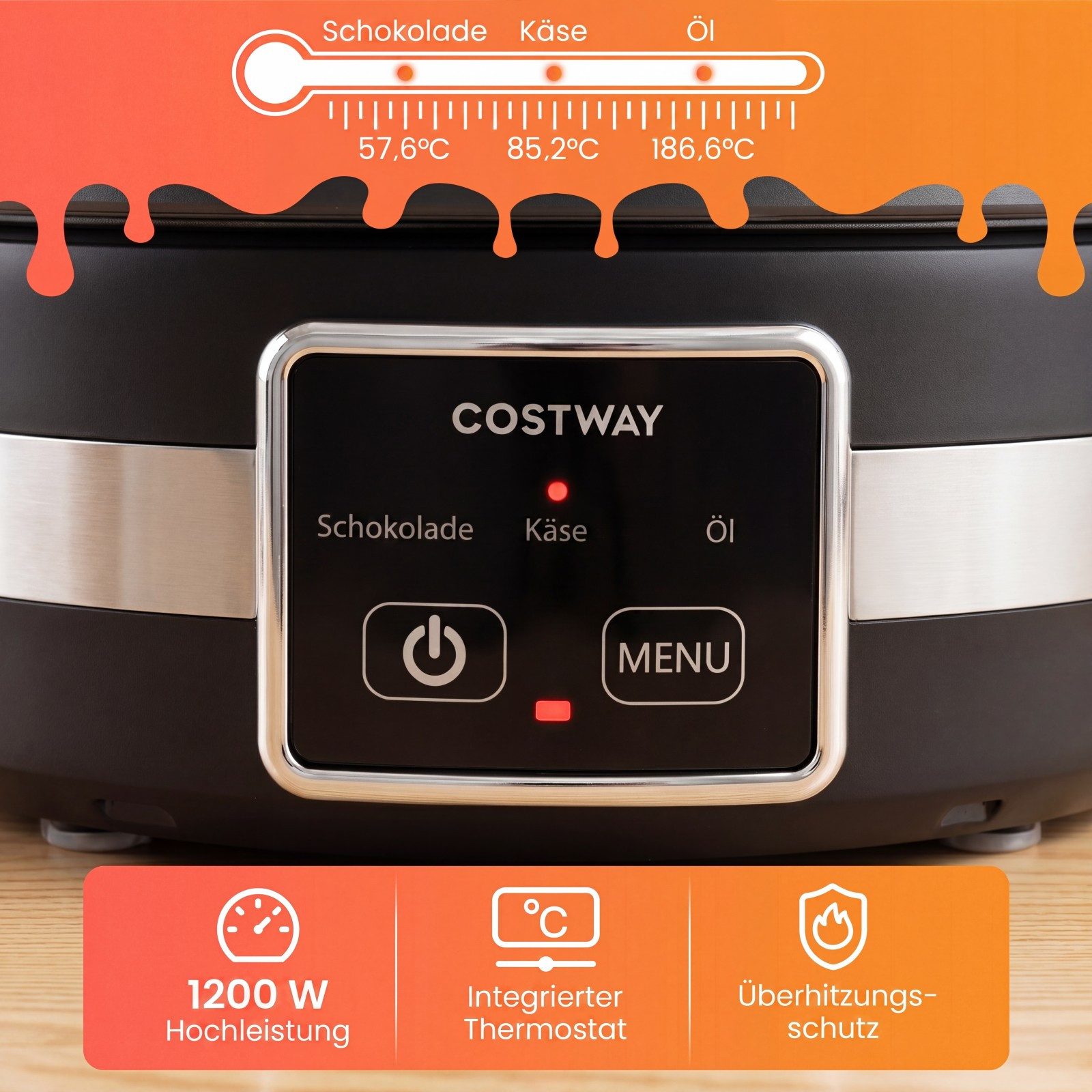 COSTWAY Elektro-Fondue, 1200W Fondueset mit 8 Gabeln & 2,3L Edelstahl-Topf