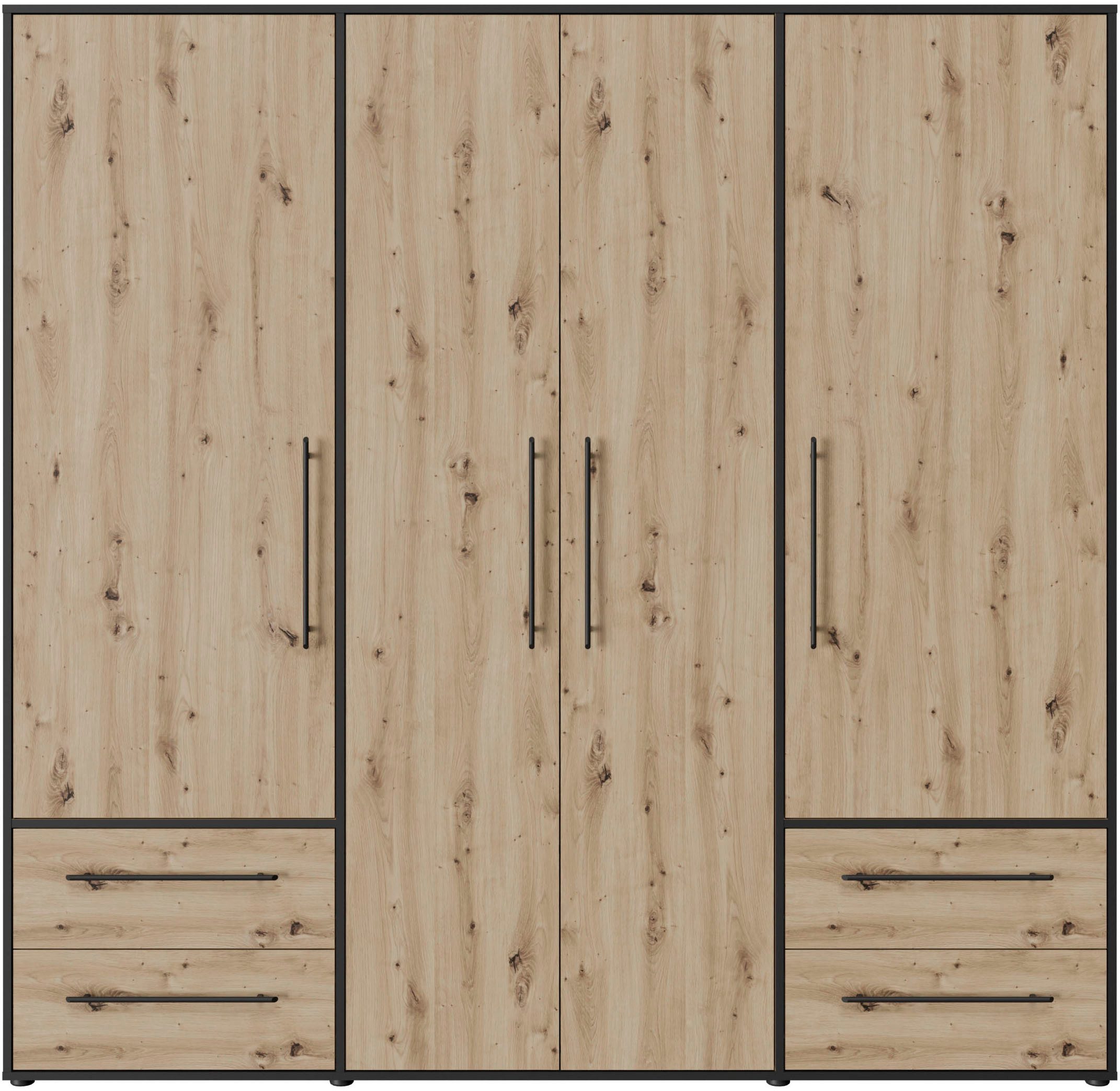 FORTE Kleiderschrank Mokkaris,Topseller, zeitloses Design, 3–4 Türen, Made in Europe (B/H/T ca. 145x200x59cm oder 206x200x59cm) Schubladen + schwarze Stangengriffe, Made in Europe, viel Stauraum
