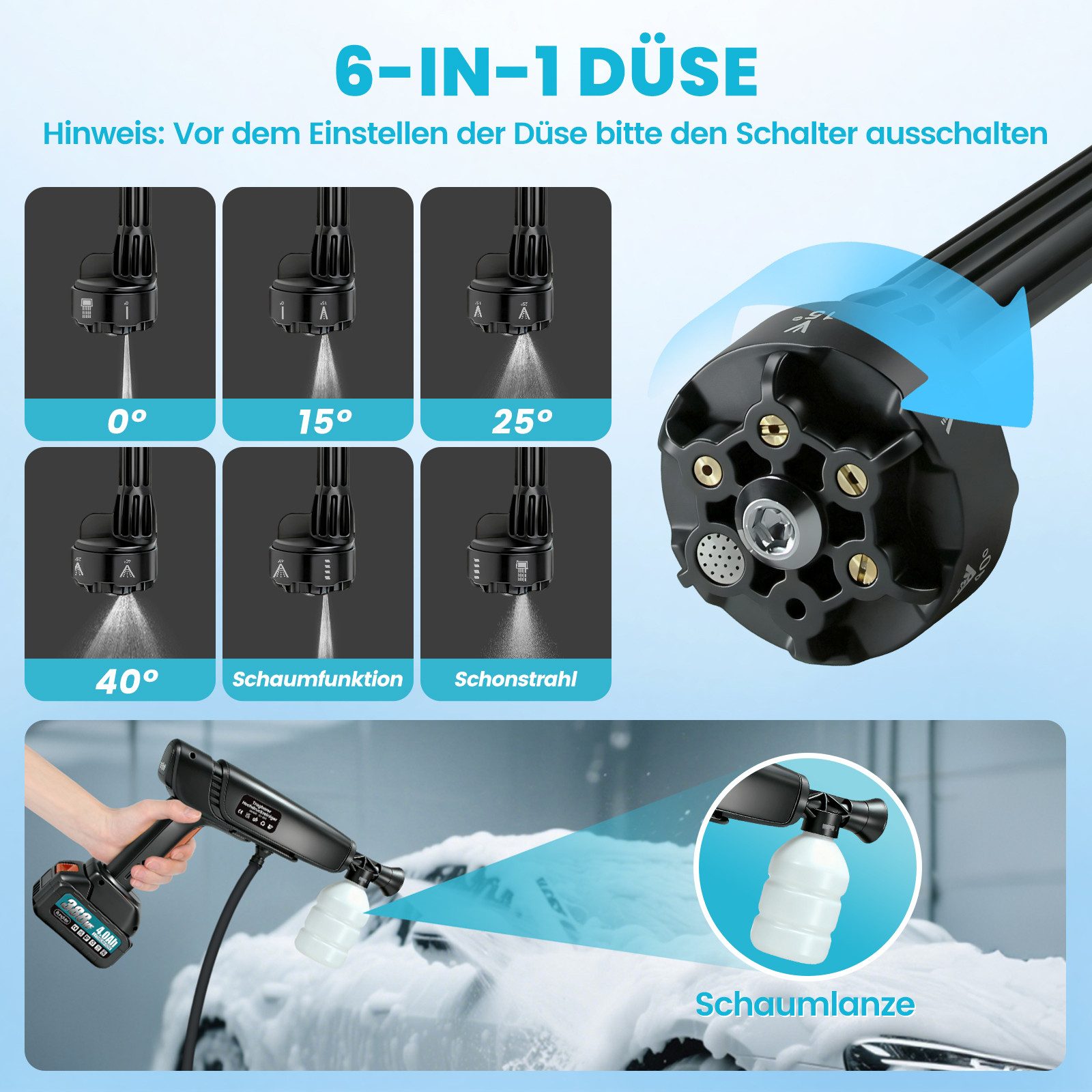 Bundviel Akku-Hochdruckreiniger 21V Akku Hochdruckreiniger Auto Mobiler Druckreiniger Spritzpistole, Druck max: 100 bar, Fördermenge max: 300 l/h