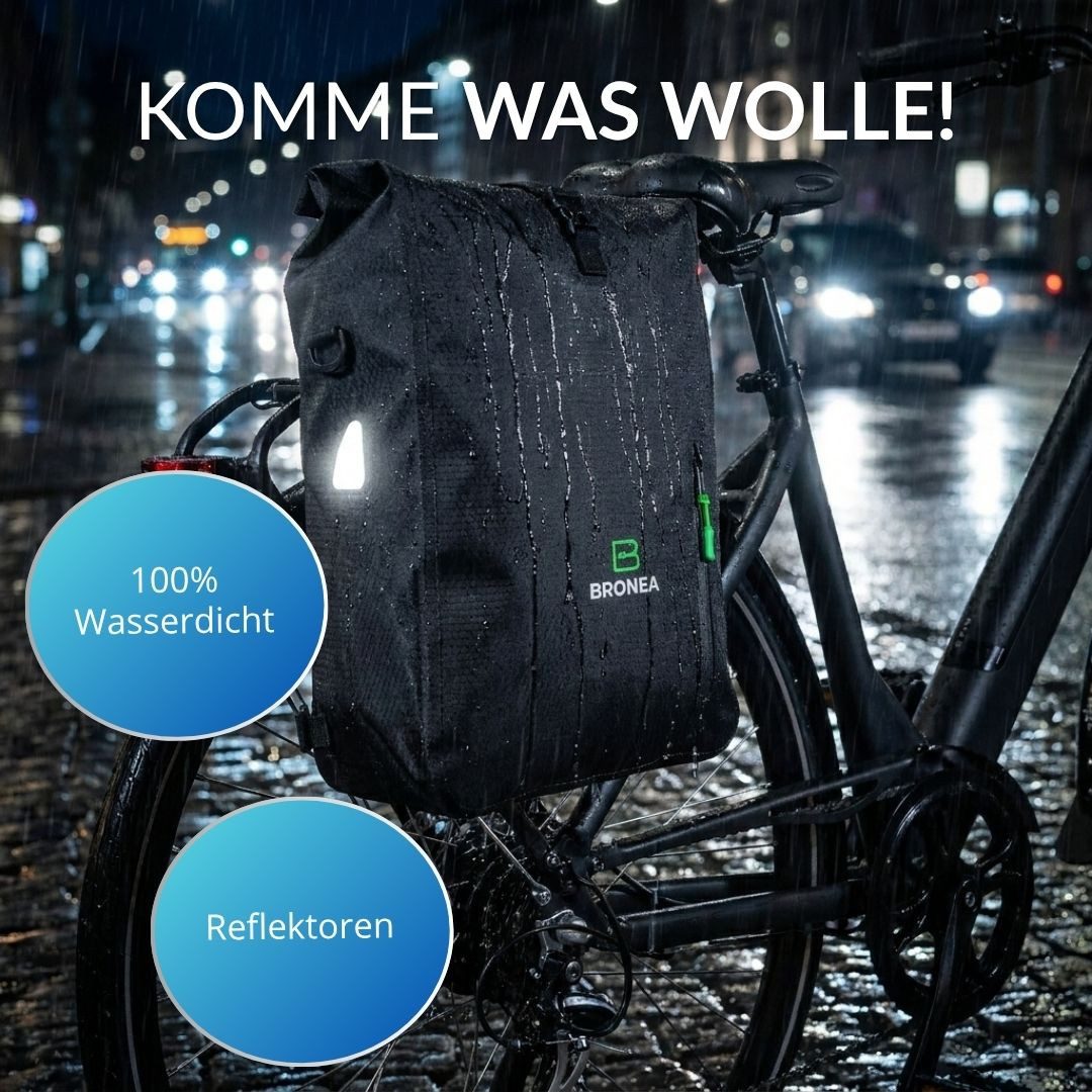 Bronea Fahrradtasche 3-in-1 Wasserdicht - 28L - SCHWARZ - Kombi Rucksack & Umhängetasche (Schnellmontage an Gepäckträger, integrierte Laptoptasche), Diamond-Struktur Laptoptasche 100% Wasserdicht Reflektierende Elemente
