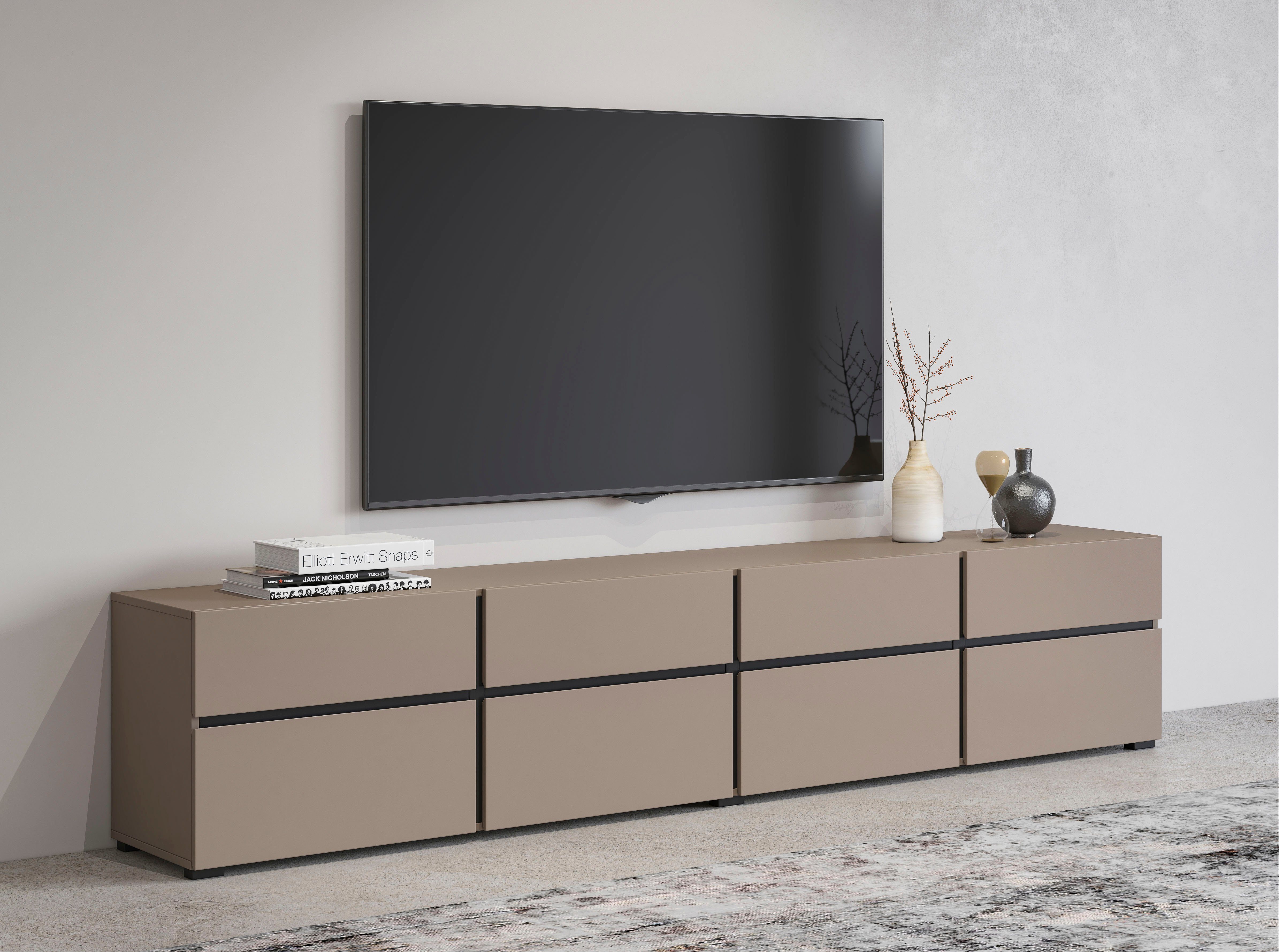 INOSIGN Lowboard Cross, moderne grifflose TV-Kommode,4 Klappen/4 Schubkästen, Breite 225 cm, TV-Schrank mit viel Stauraum, TV-Board