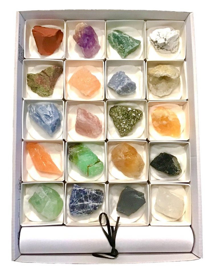 Steinfixx® Mineralstein Premium Mineraliensammlung Rohsteine aus aller Welt - 20 teilig, (schöne weiße Box, handmade, 1-St., AAA-Qualität), inkl. DIN-A4-Informationsblatt