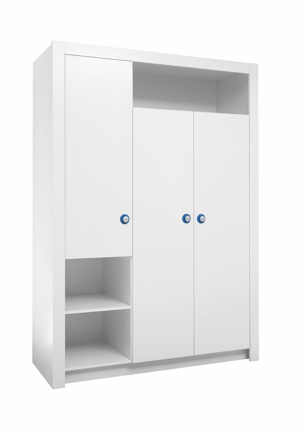 Begabino Kinderkleiderschrank PAULA, Weiß, mit 3 Türen, B 137 x H 196 x T 56 cm, mit je 3 Griffunterlegplättchen in blau und rosa