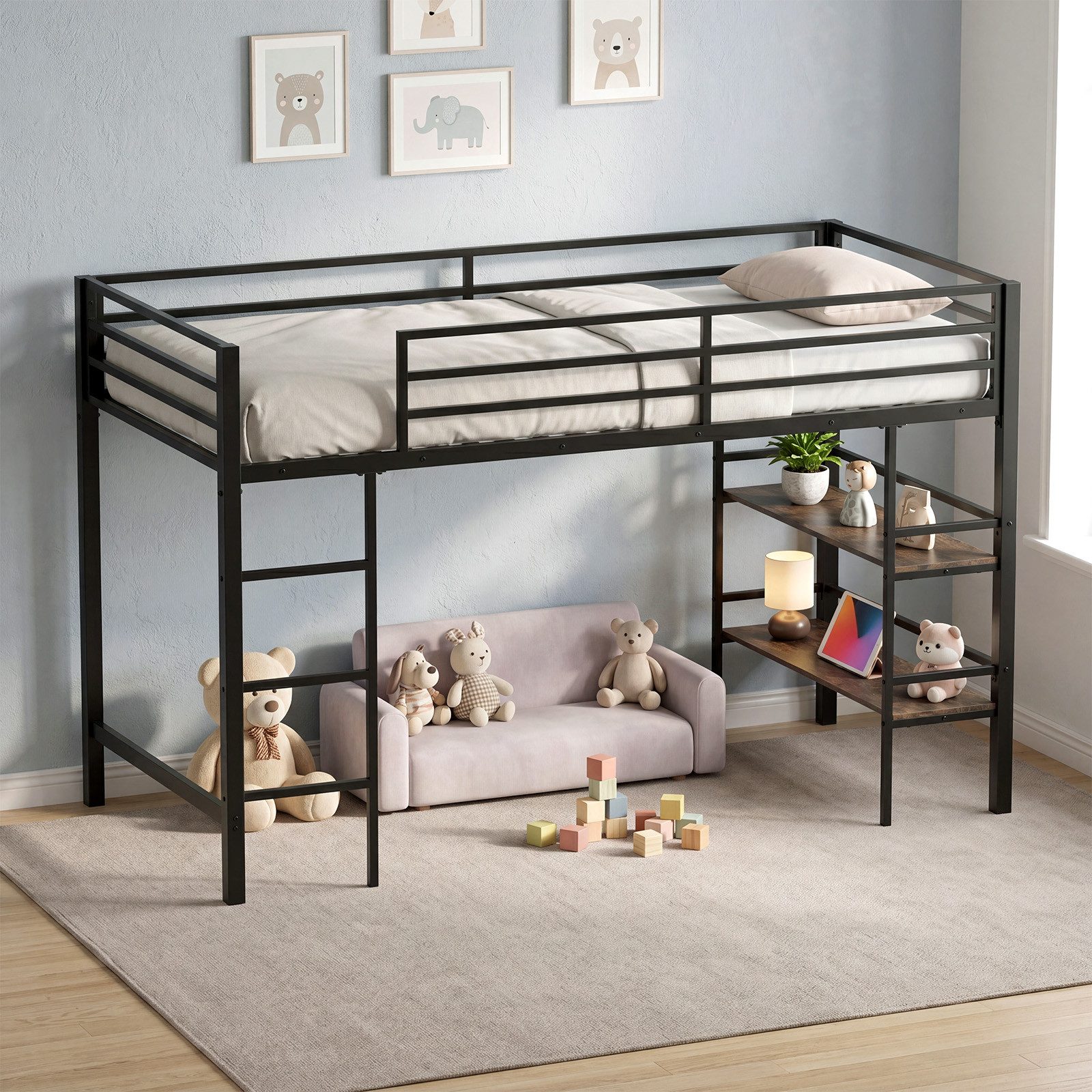 COSTWAY Kinderbett Etagenbett, 90 x 200 cm Hochbett mit Leiter & Regal (2-tlg), mit Lattenrost & Rausfallschutz