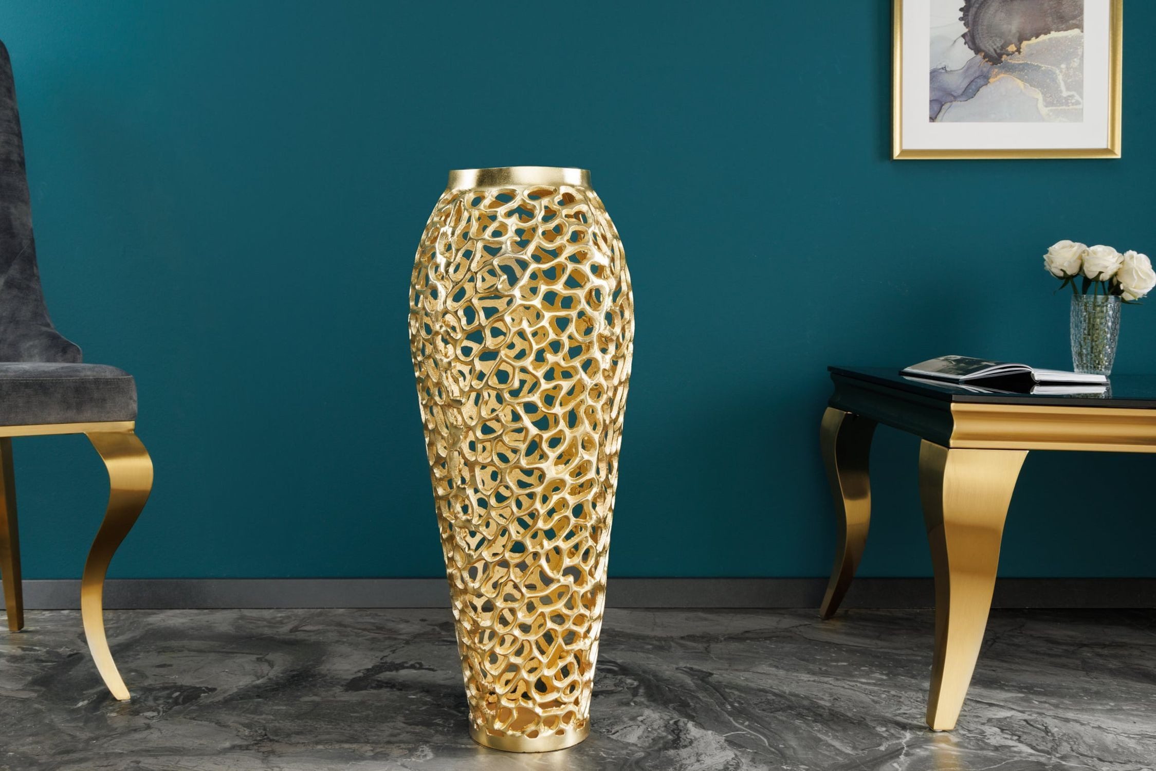 Licht-Erlebnisse Dekovase PAULA, Metall groß H: 64 cm Ø 26 cm in Gold Handarbeit dekorativ – Bild 2 von 5