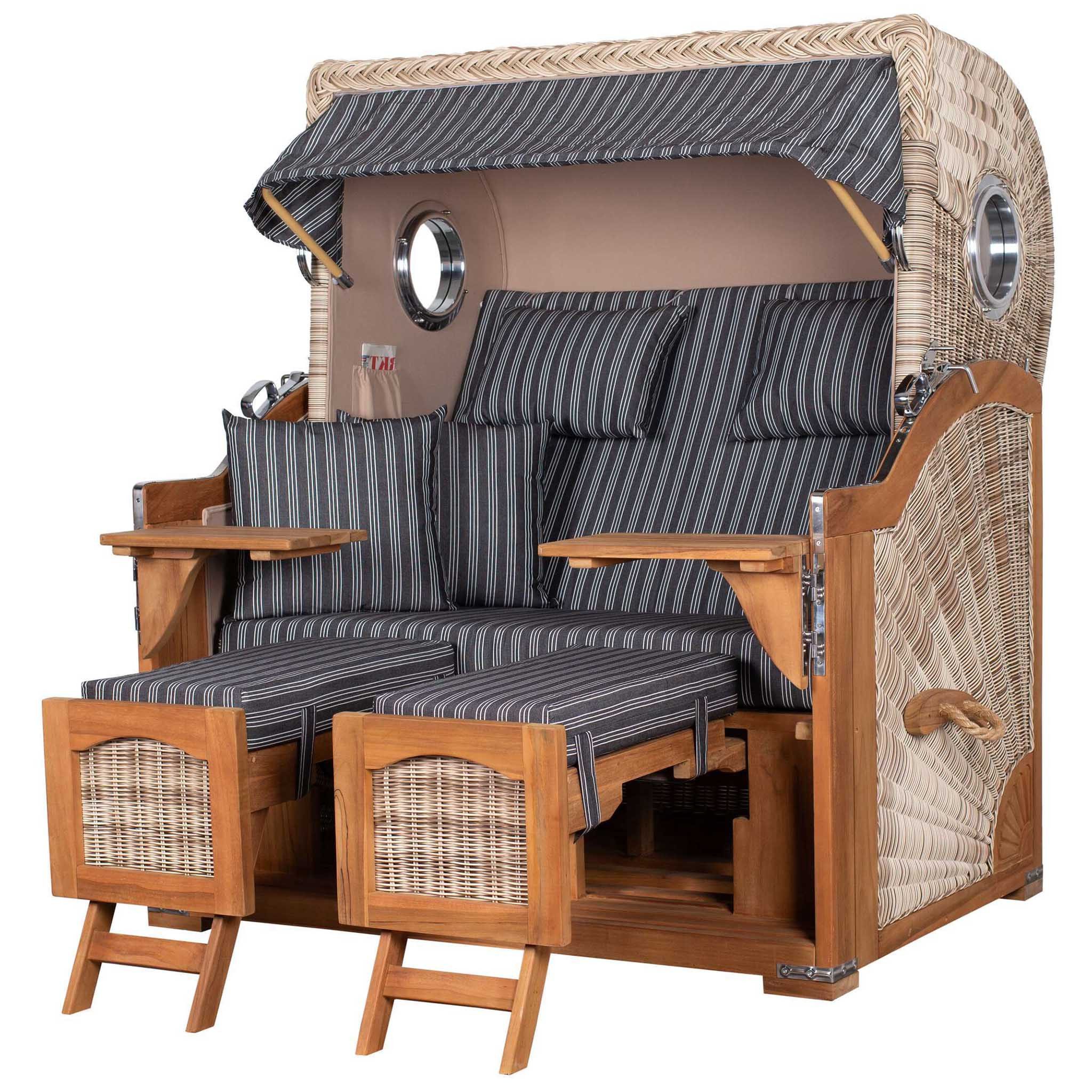 bene living Strandkorb Ammersee Grande XL 2,5-Sitzer Teak - PE shell - Modell 500, BxTxH: 142x95x165 cm, Volllieger, Ostsee-Strandkorb, (Strandkorb-Komplettset, 5-tlg., Strandkorb inkl. Liftersystem und umfangreichem Zubehör), mit Windschutzfolie, Bistrotischen und bequemer Polsterung