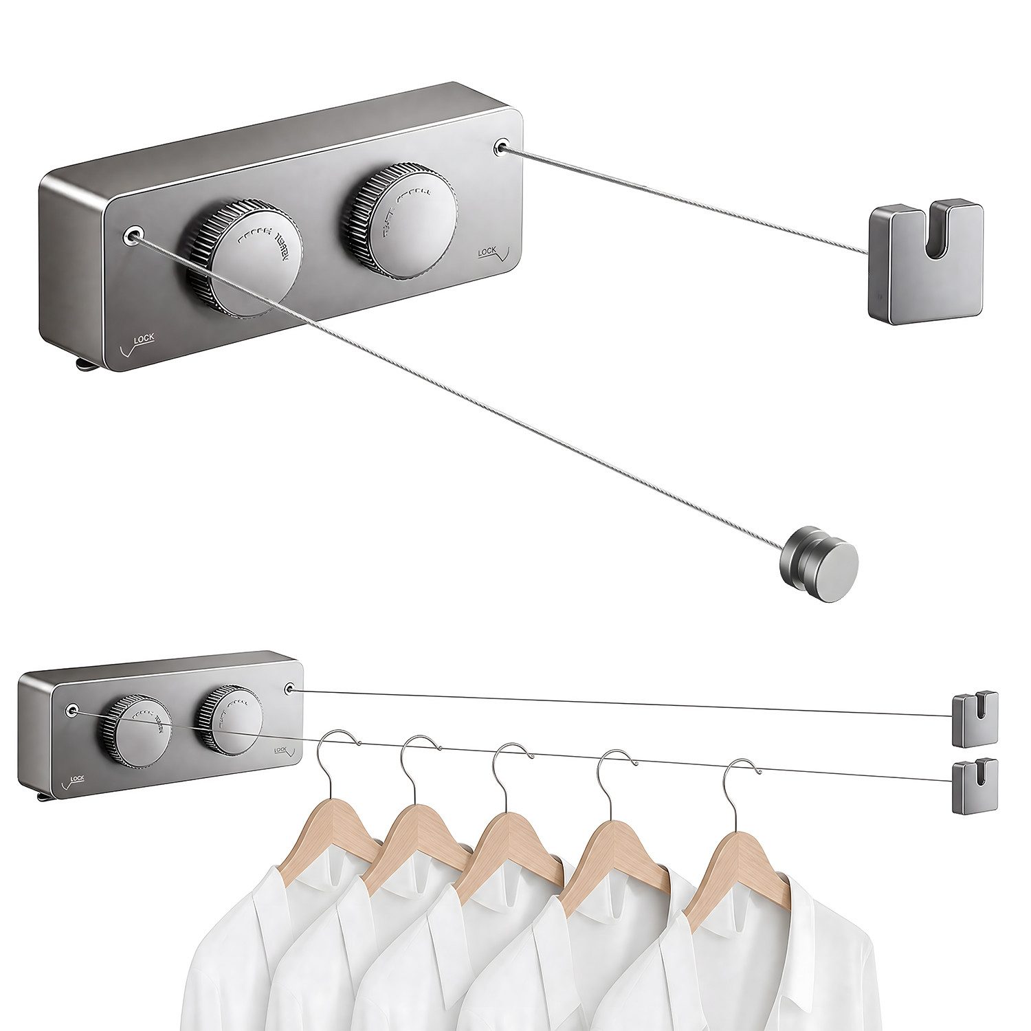AIMAX Wand-Wäscheleine Ausziehbare Wäscheleine Innen Zwei Linien 4.2m Wandmontage Edelstahl, Nicht Durchhängende für Balkon Waschküche Hotel Badezimmer ohne Bohren