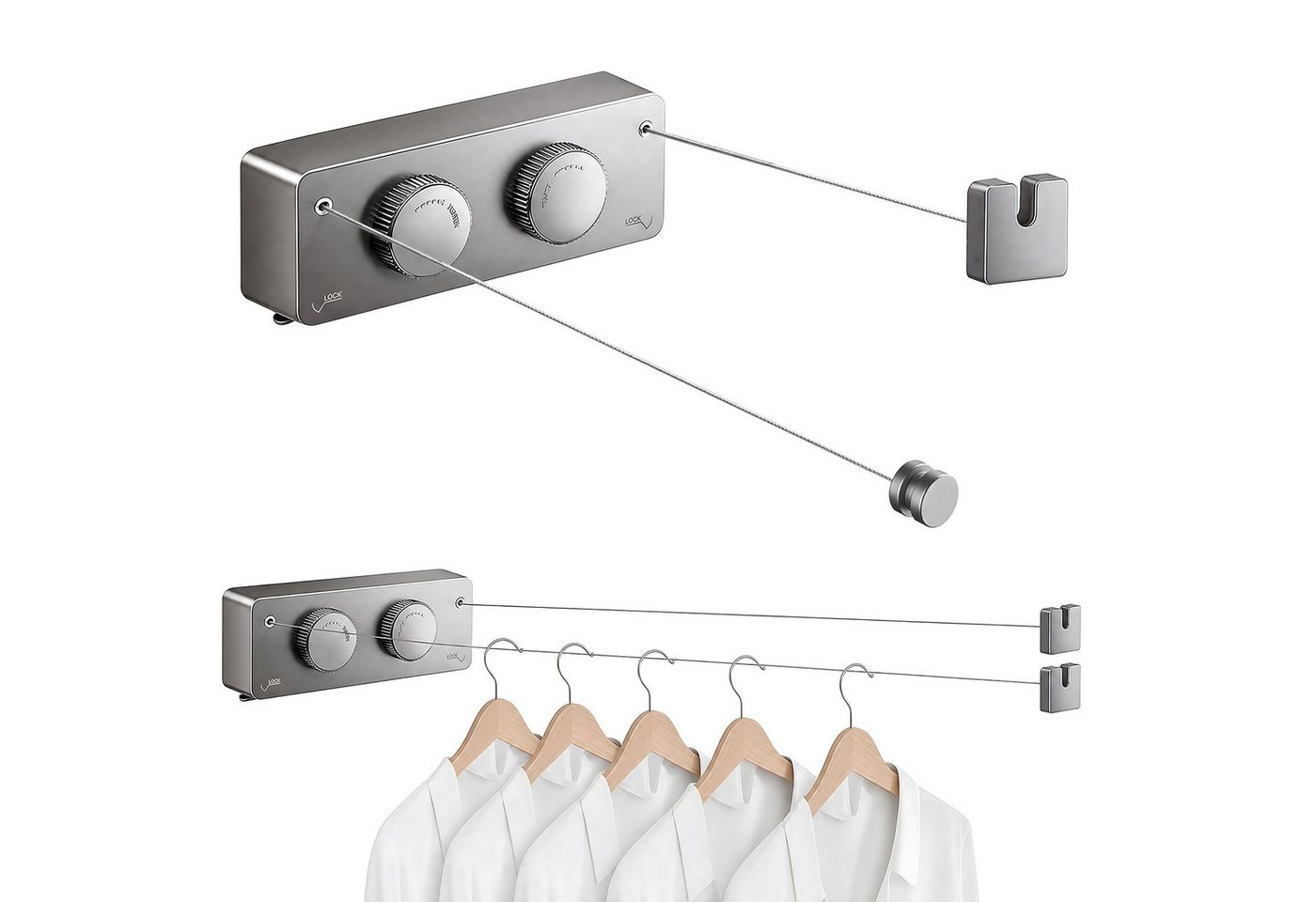 AIMAX Wand-Wäscheleine Ausziehbare Wäscheleine Innen Zwei Linien 4.2m Wandmontage Edelstahl, Nicht Durchhängende für Balkon Waschküche Hotel Badezimmer ohne Bohren